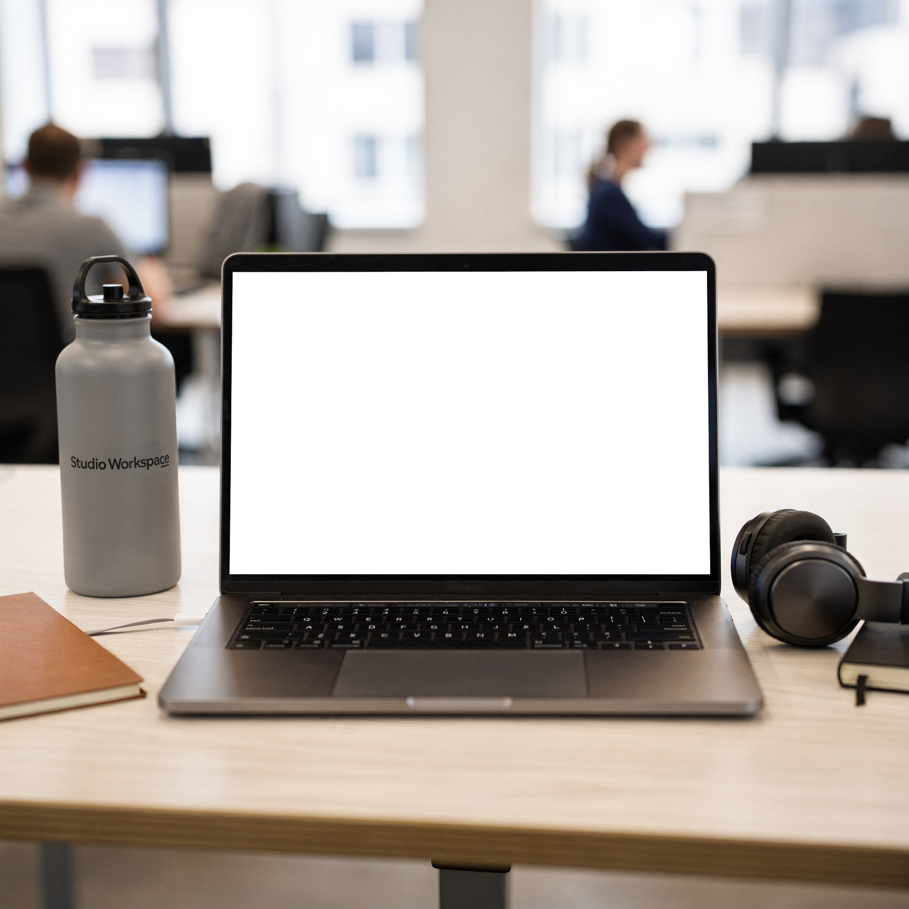 Laptop Mockup — No P Co Work Desk Headphones — PNG Mockup Template | bulkmockup | For App & Web Designers | MockupBulk