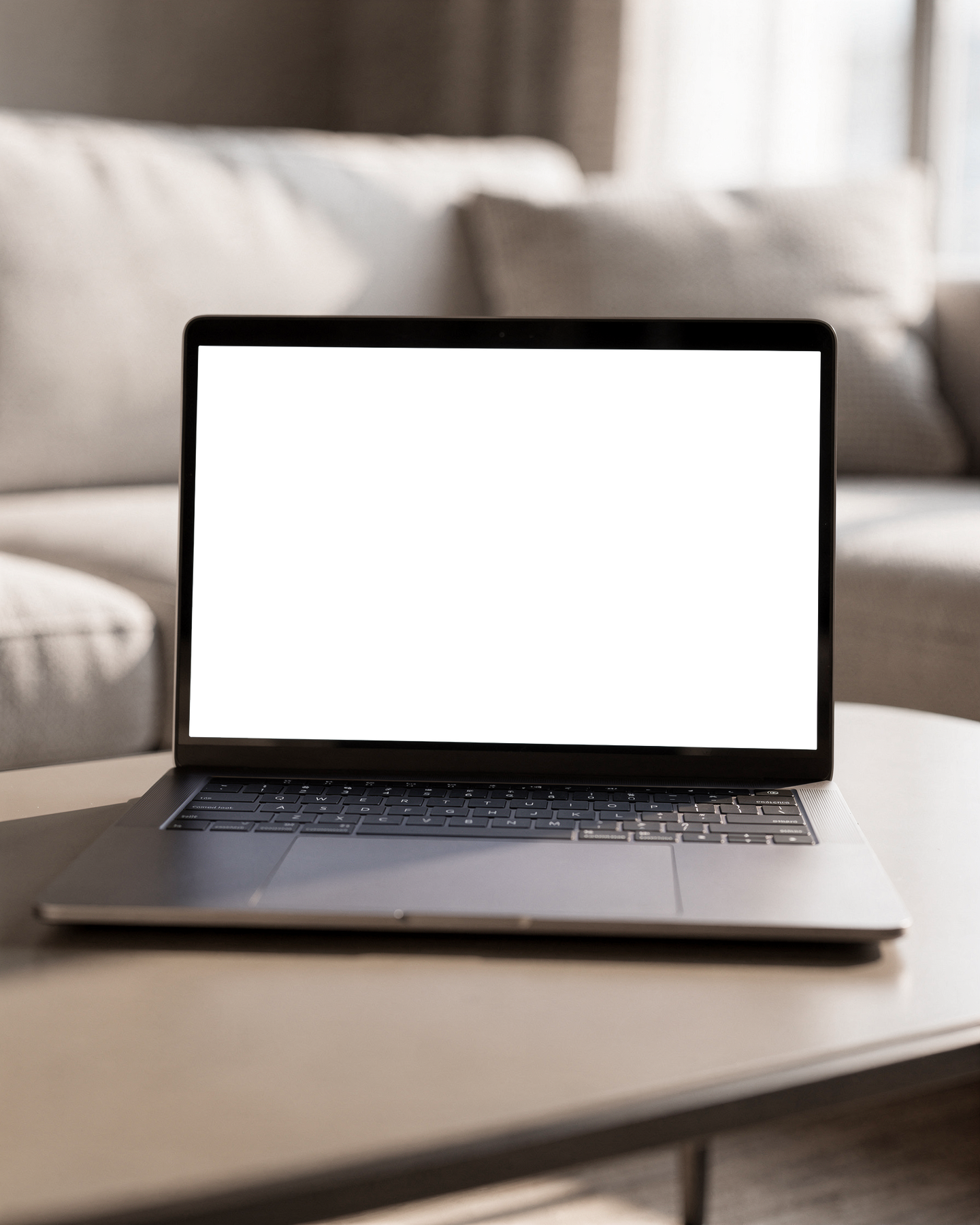 Laptop Mockup — No P Coffee Table Sofa — Device Screen PNG | bulkmockup Template | For Portfolio & Showcase | MockupBulk
