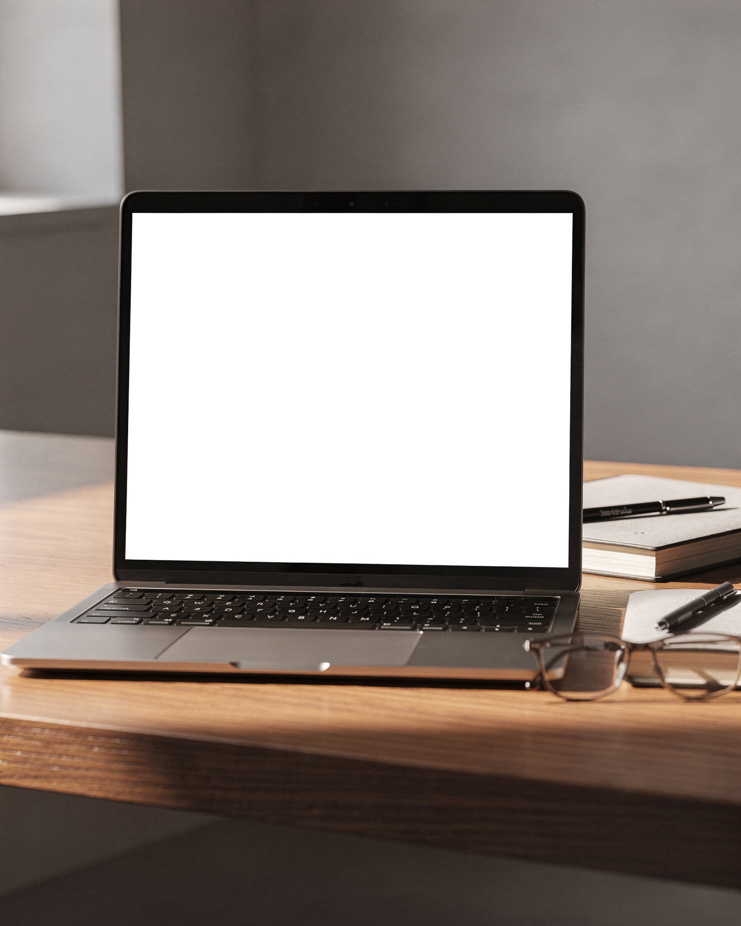 No P Desk Wood Glasses Laptop Mockup | Device Screen PNG | bulkmockup Template | For Portfolio & Showcase | MockupBulk
