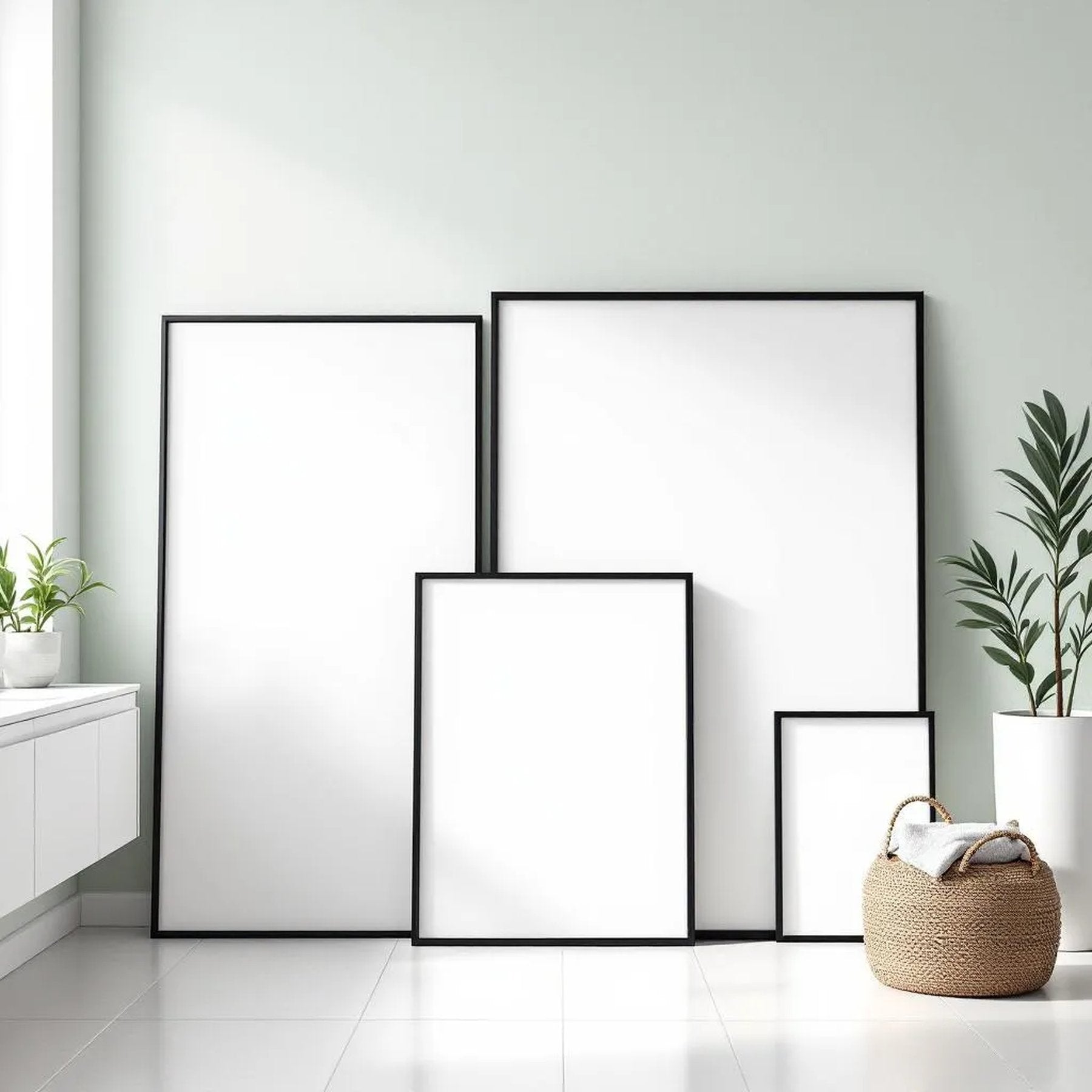Spa Bathroom Lifestyle Frame Mockup — Plain Square Frame Square 1:1 — Perspective View — #04386 | MockupBulk