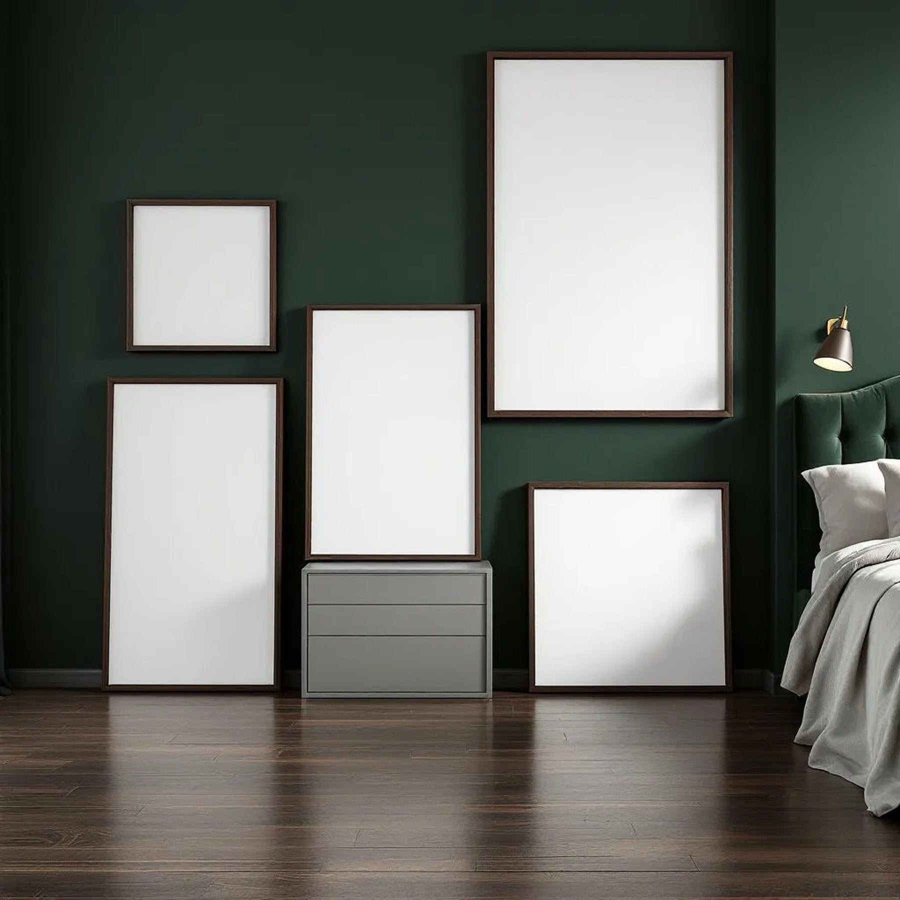 Dark Bedroom High-Res Frame Mockup — Plain Square Frame Square 1:1 — Perspective View — #04281 | MockupBulk