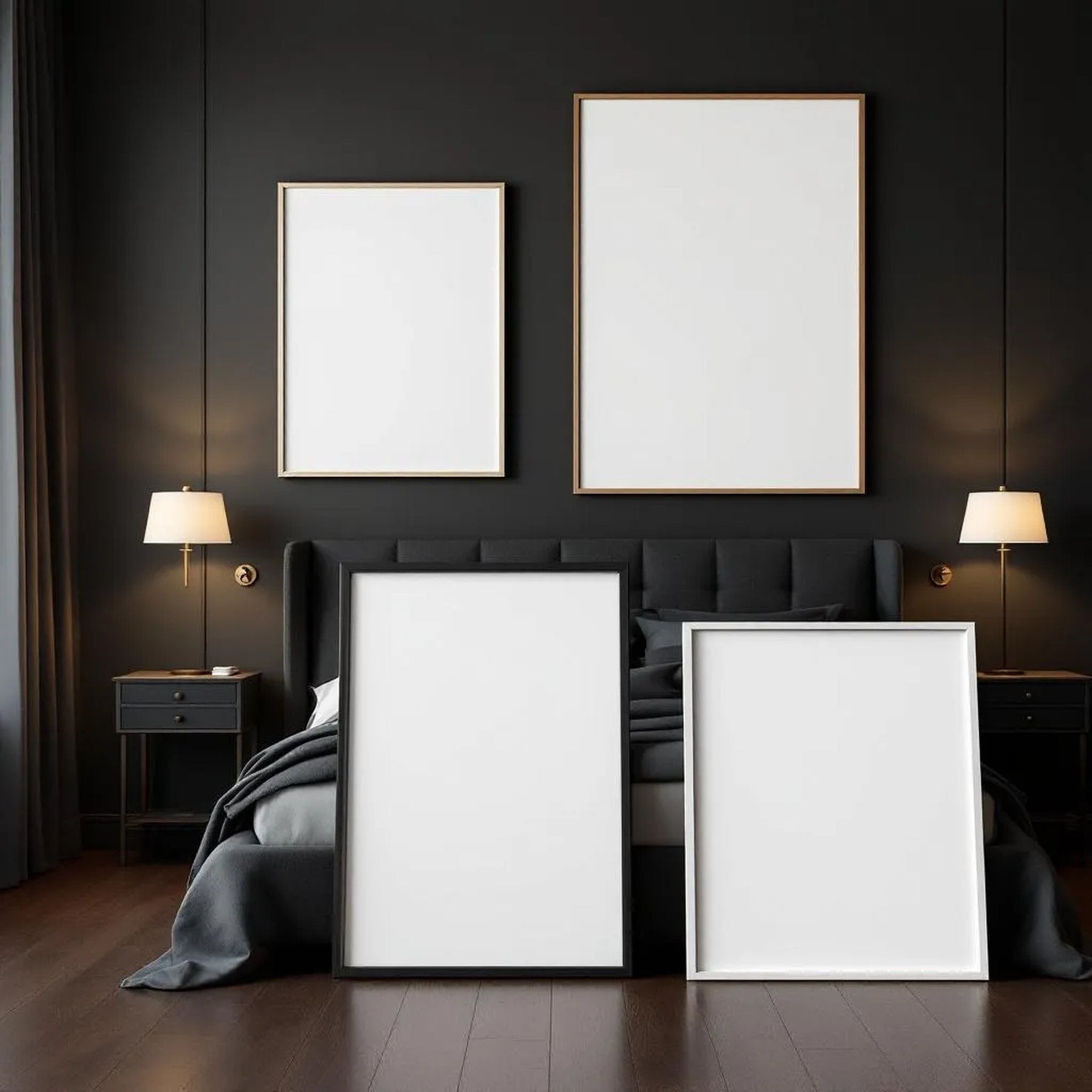 Dark Bedroom High-Res Frame Mockup — Plain Square Frame Square 1:1 — Perspective View — #04283 | MockupBulk