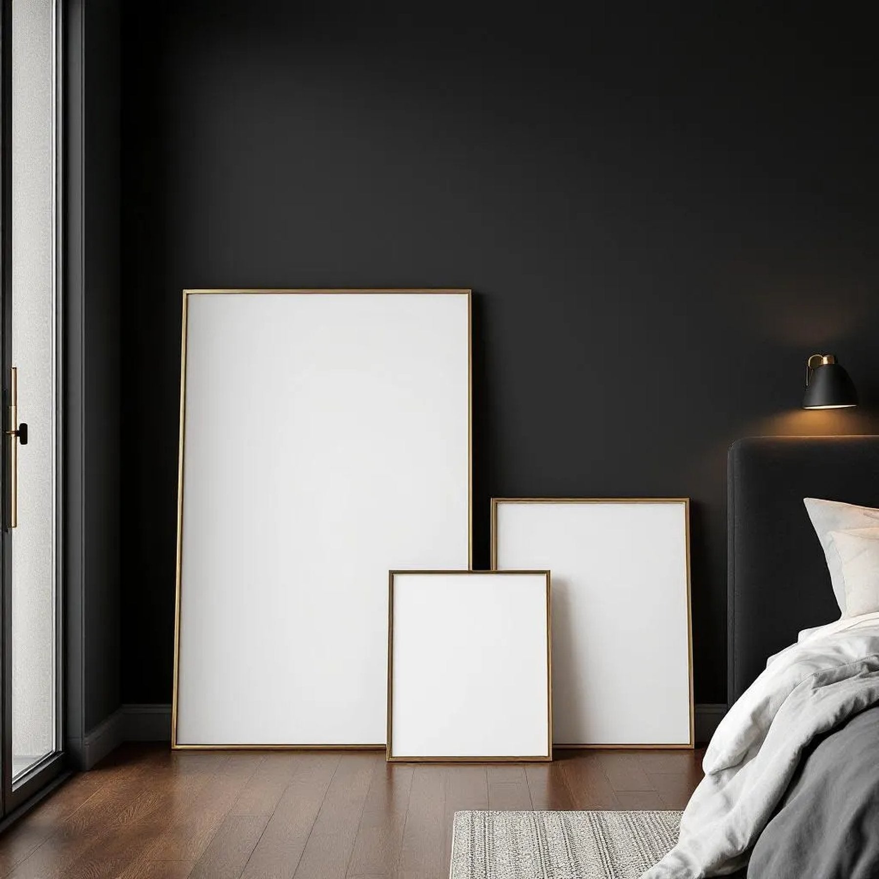 Dark Bedroom Wall Art Mockup — Plain Square Frame Square 1:1 — Perspective View — #04286 | MockupBulk