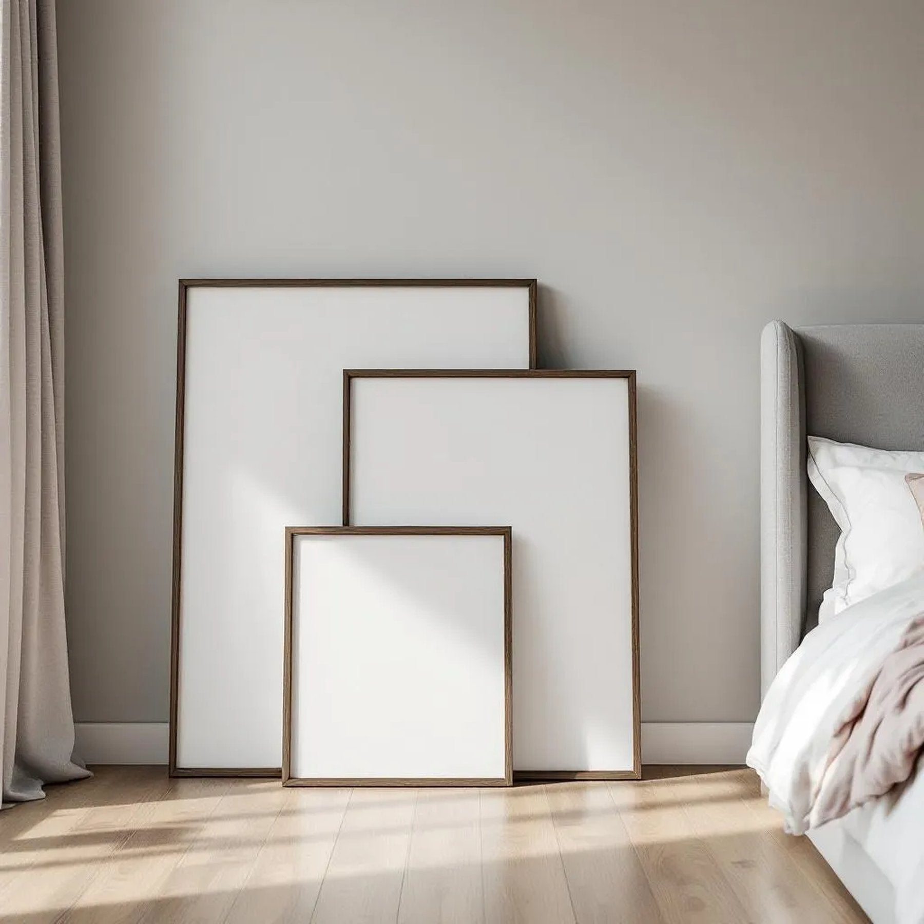 White Bedroom Editorial Room Mockup — Plain Square Frame Square 1:1 — Perspective View — #04269 | MockupBulk