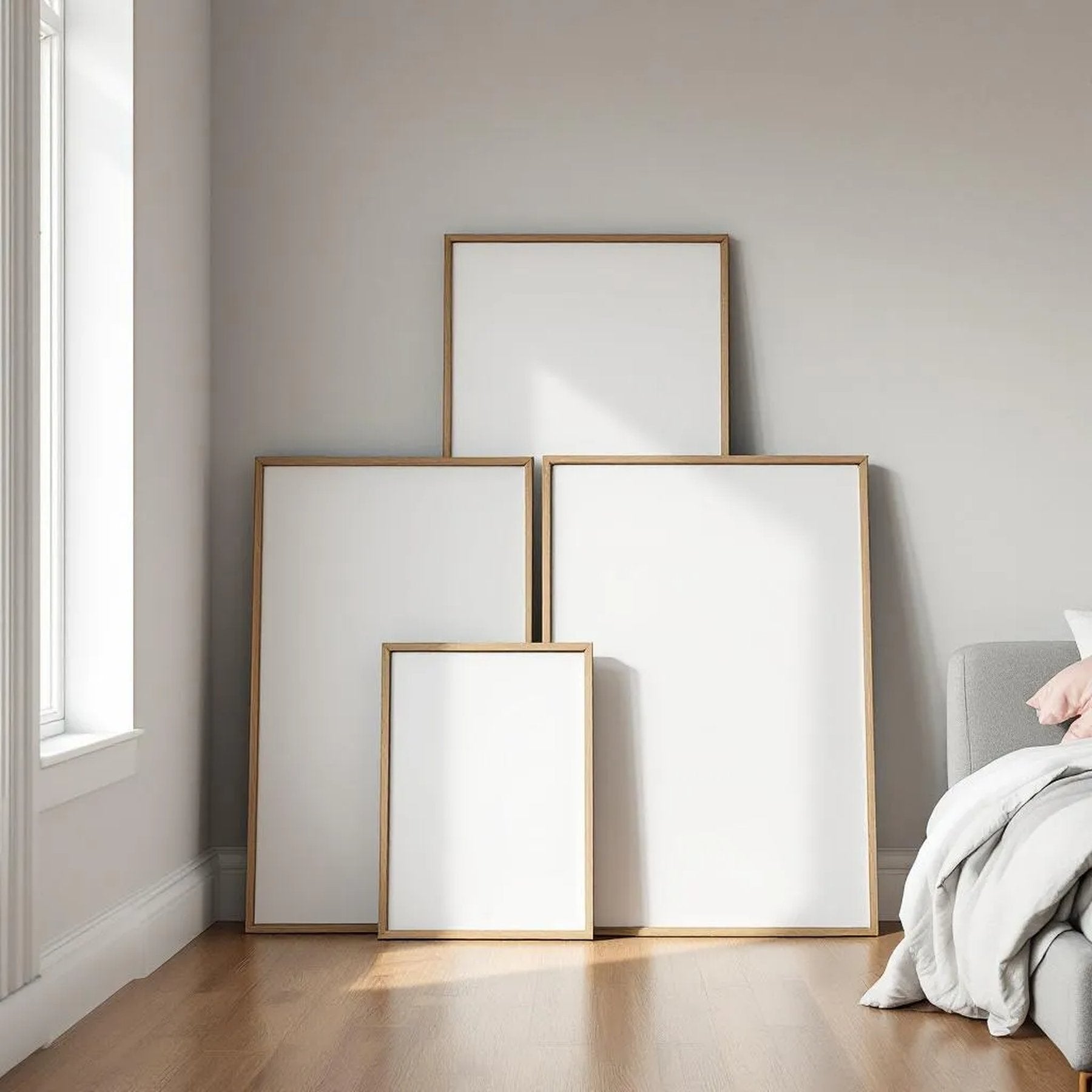 White Bedroom Editorial Room Mockup — Plain Square Frame Square 1:1 — Perspective View — #04272 | MockupBulk