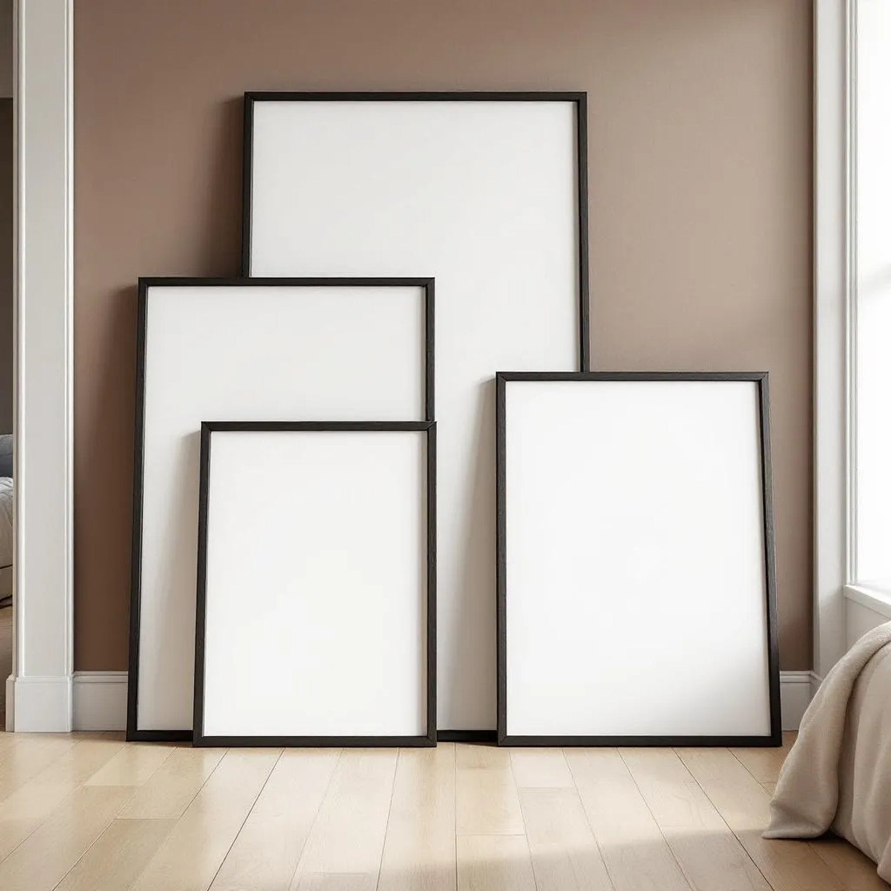 White Bedroom Interior Frame Mockup — Plain Square Frame Square 1:1 — Perspective View — #04273 | MockupBulk