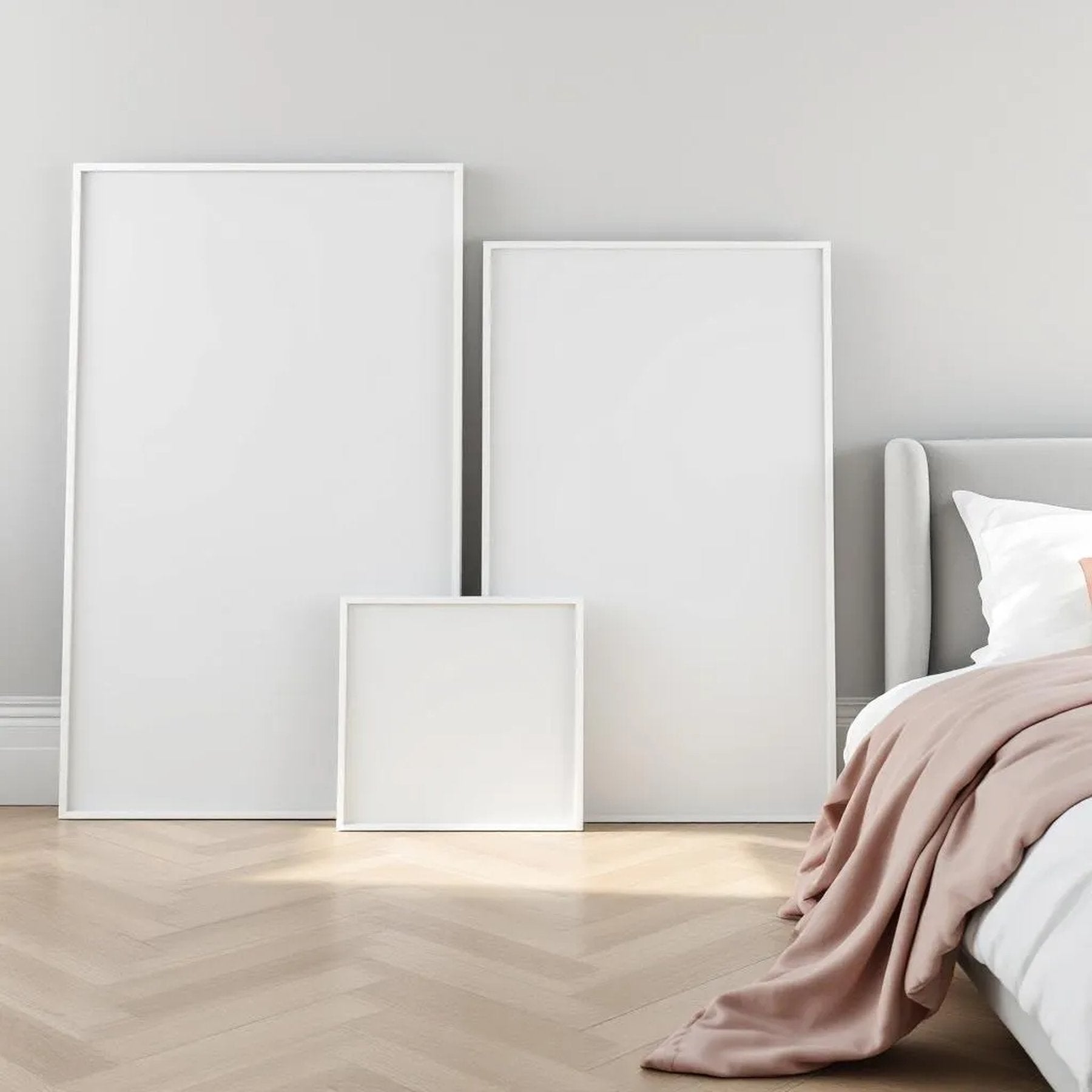 White Bedroom Room Scene Mockup — Plain Square Frame Square 1:1 — Perspective View — #04275 | MockupBulk