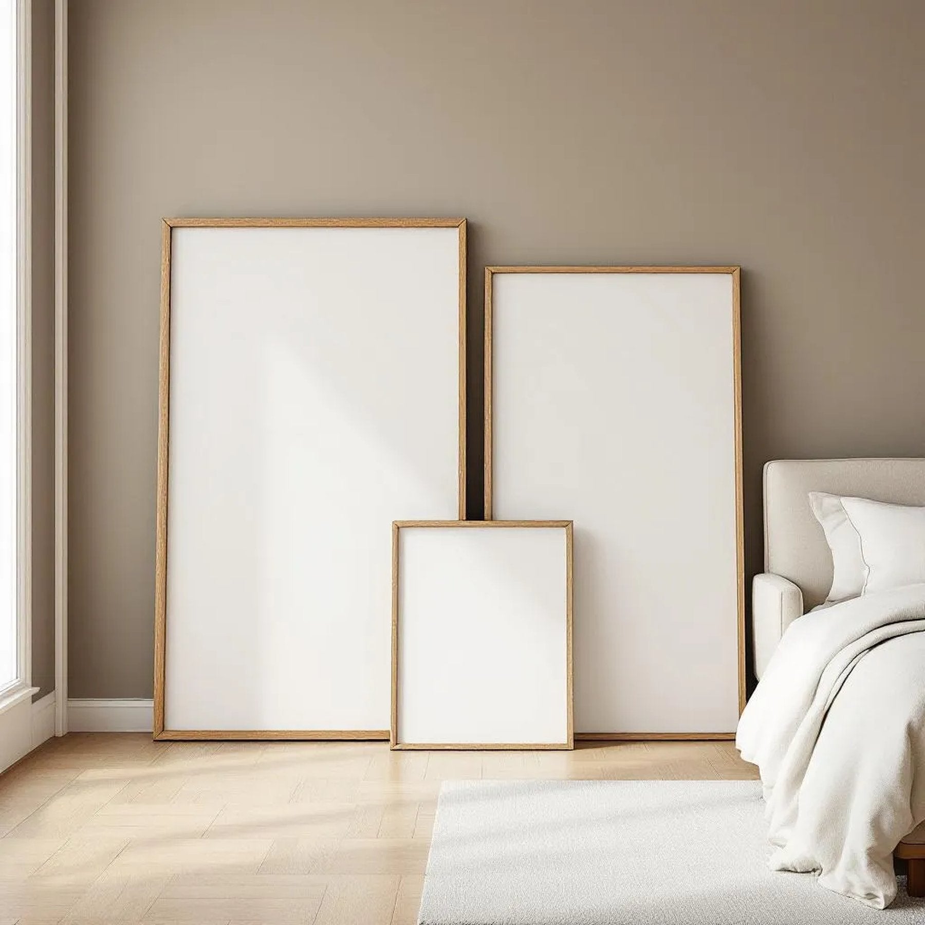 White Bedroom Room Scene Mockup — Plain Square Frame Square 1:1 — Perspective View — #04276 | MockupBulk