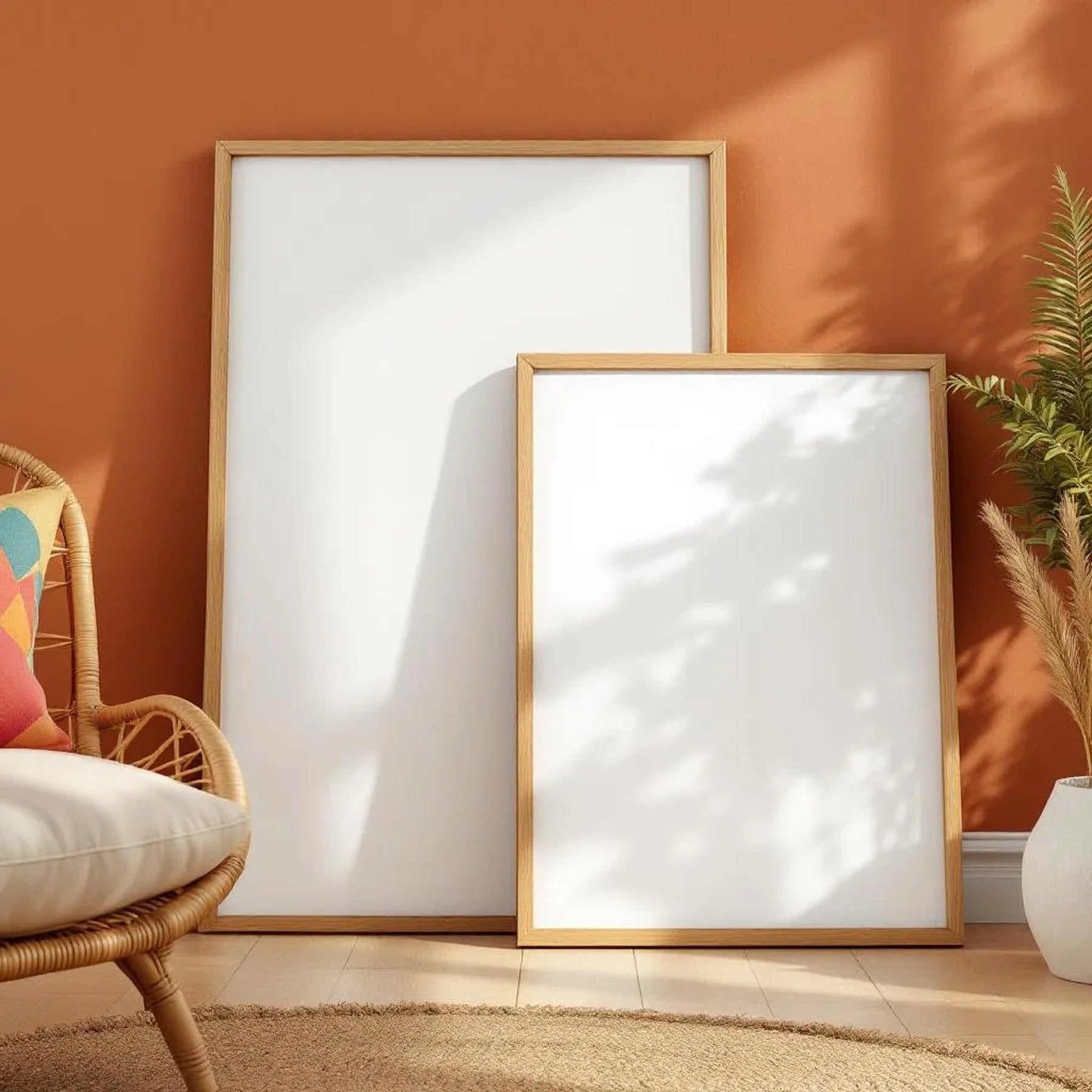 Boho Living Room High-Res Frame Mockup — Plain Square Frame Square 1:1 — Perspective View — #04420 | MockupBulk