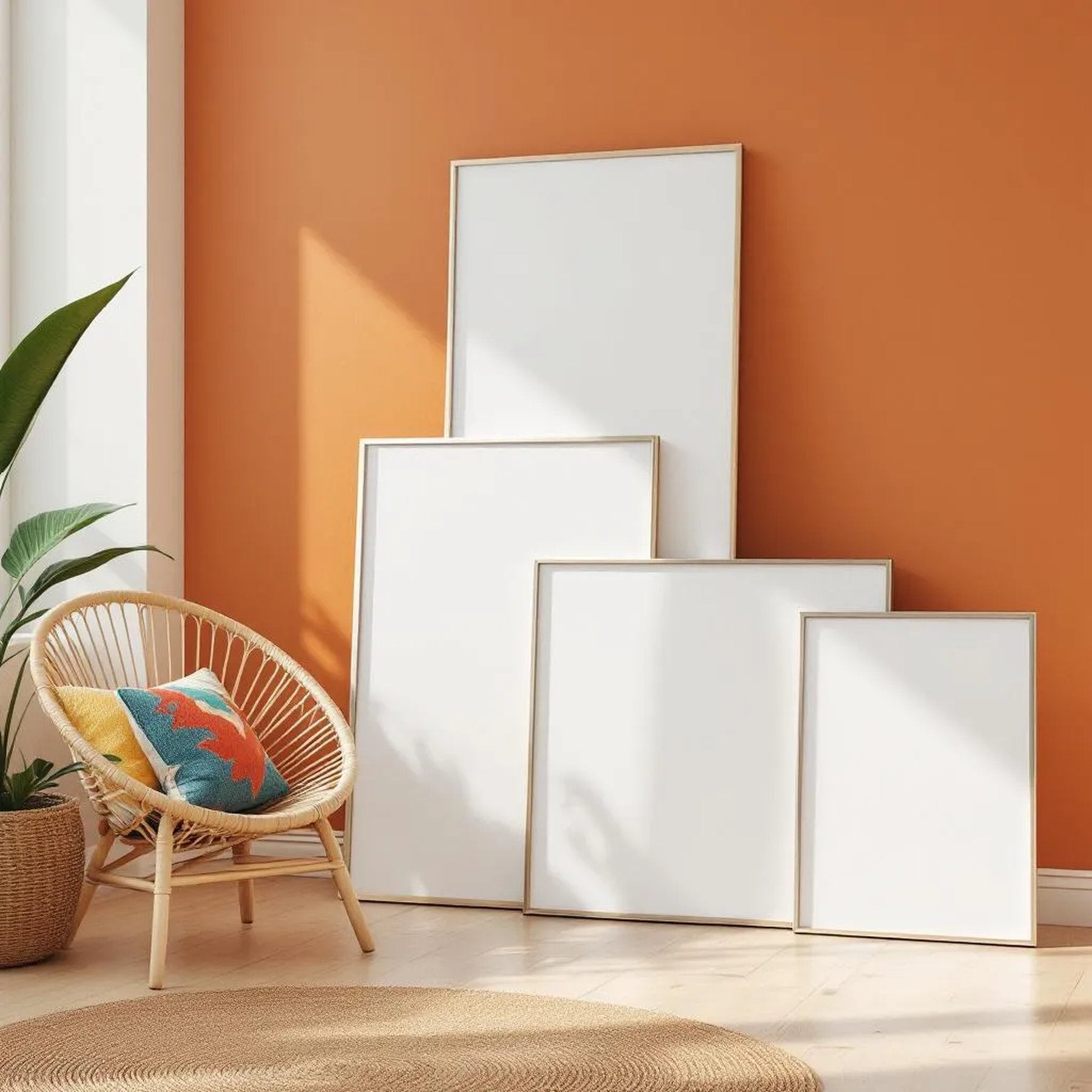 Boho Living Room Frame Display Mockup — Plain Square Frame Square 1:1 — Perspective View — #04423 | MockupBulk