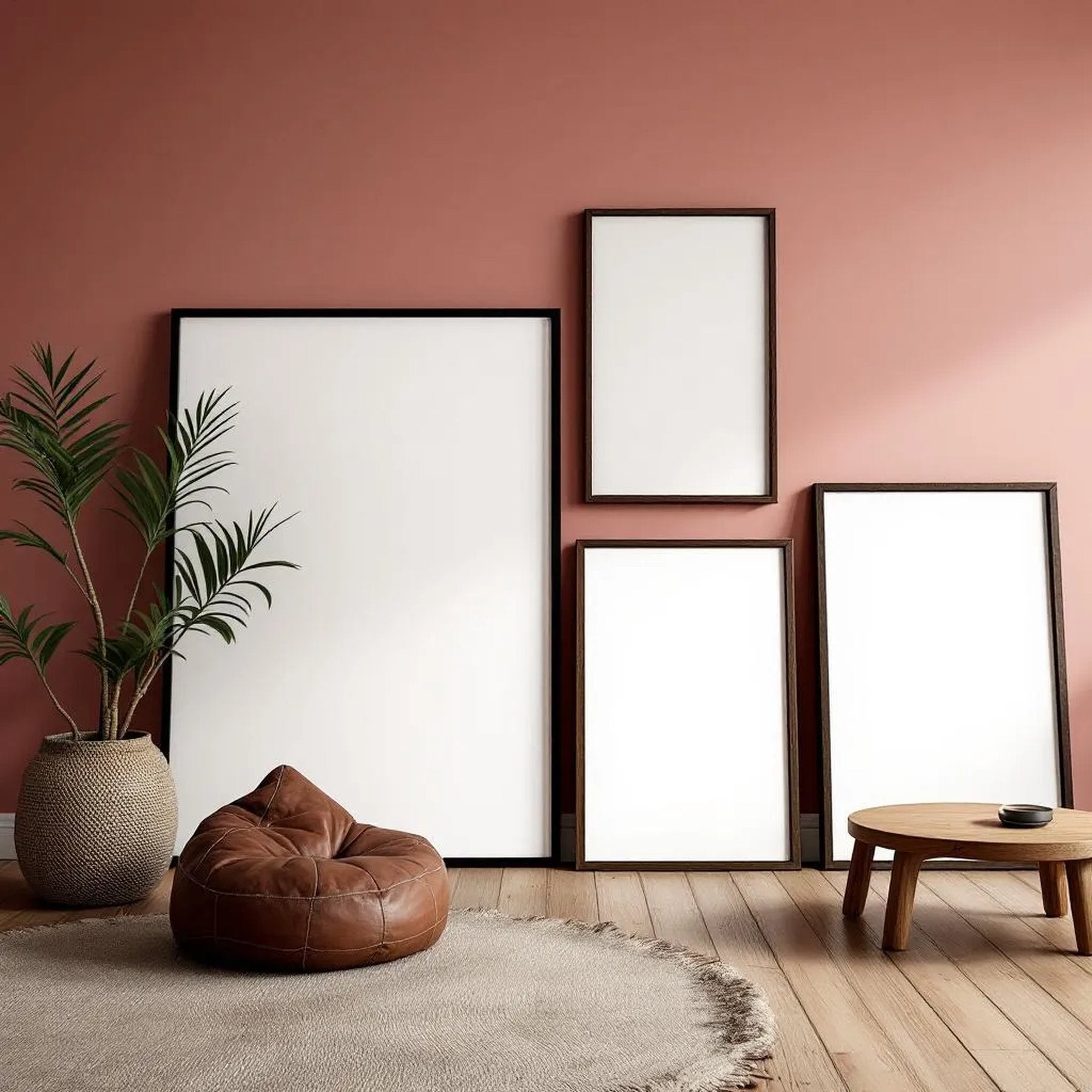 Boho Living Room Professional Frame Mockup — Plain Square Frame Square 1:1 — Perspective View — #04425 | MockupBulk