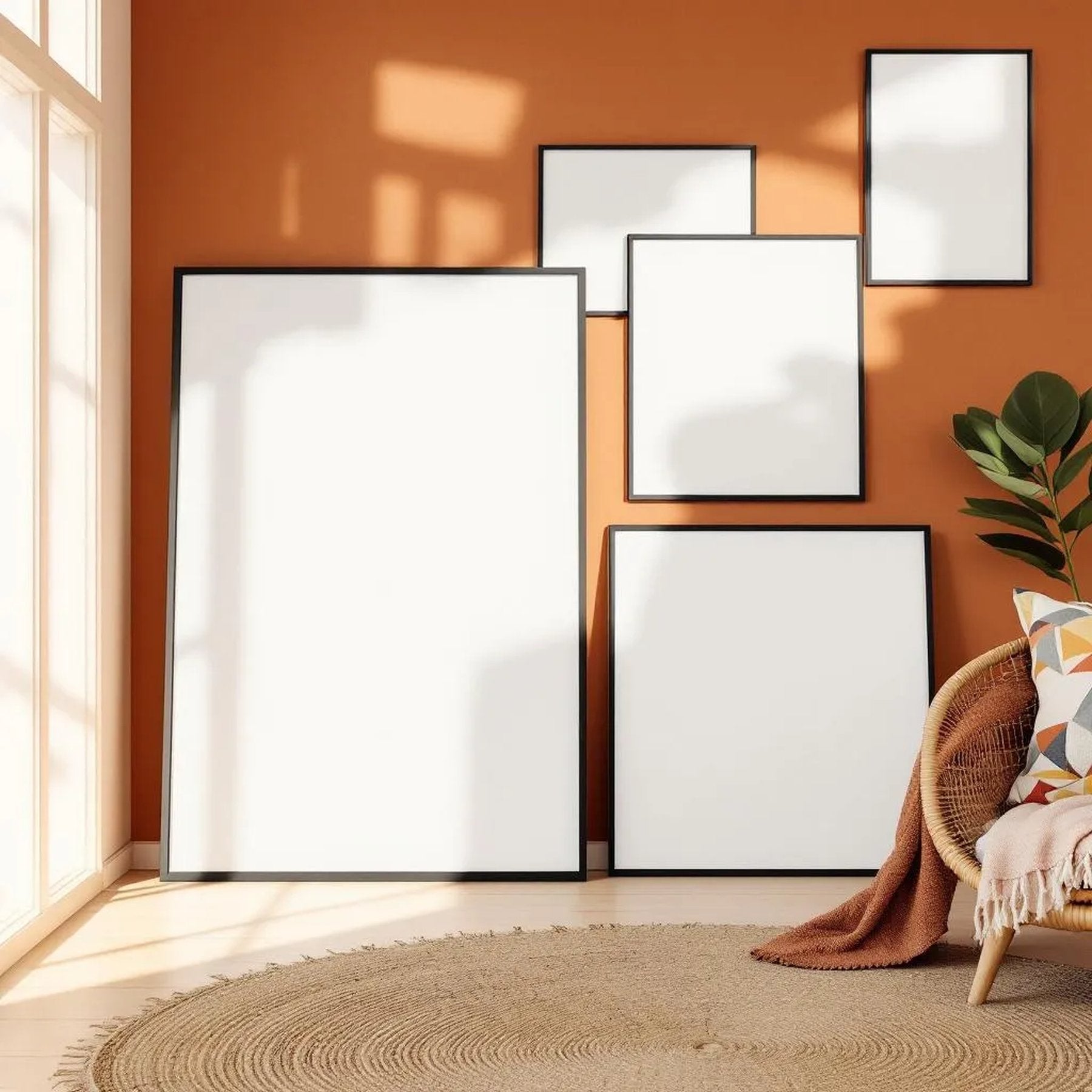 Boho Living Room Professional Frame Mockup — Plain Square Frame Square 1:1 — Perspective View — #04426 | MockupBulk