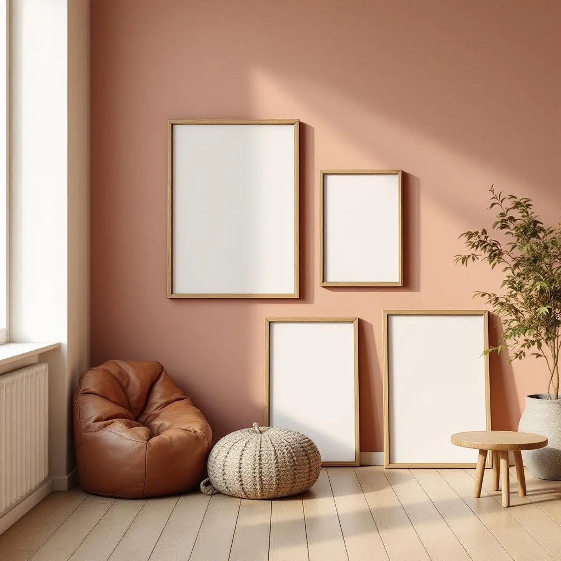 Boho Living Room Lifestyle Frame Mockup — Plain Square Frame Square 1:1 — Perspective View — #04428 | MockupBulk
