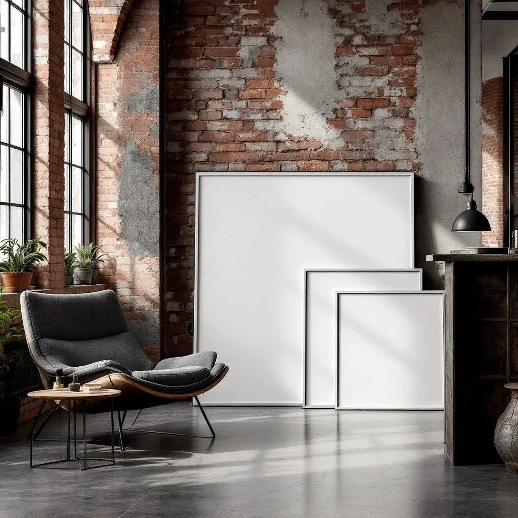 Industrial Loft Room Scene Mockup — Plain Square Frame Square 1:1 — Perspective View — #04259 | MockupBulk