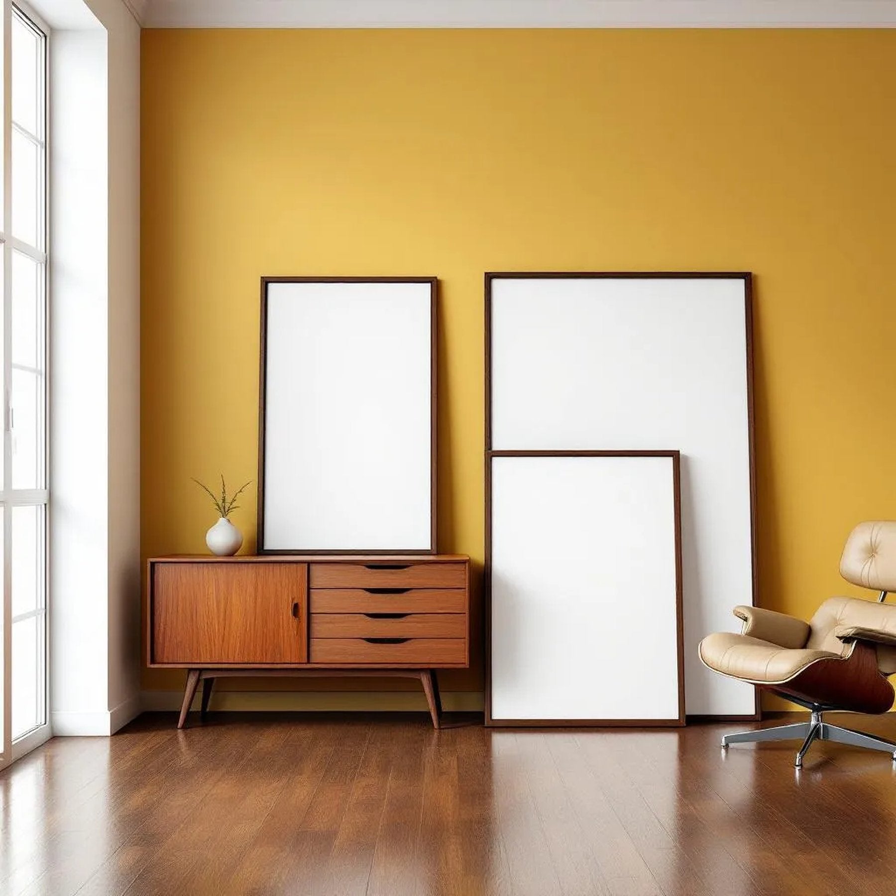 Mid-Century Modern Lifestyle Frame Mockup — Plain Square Frame Square 1:1 — Perspective View — #04429 | MockupBulk