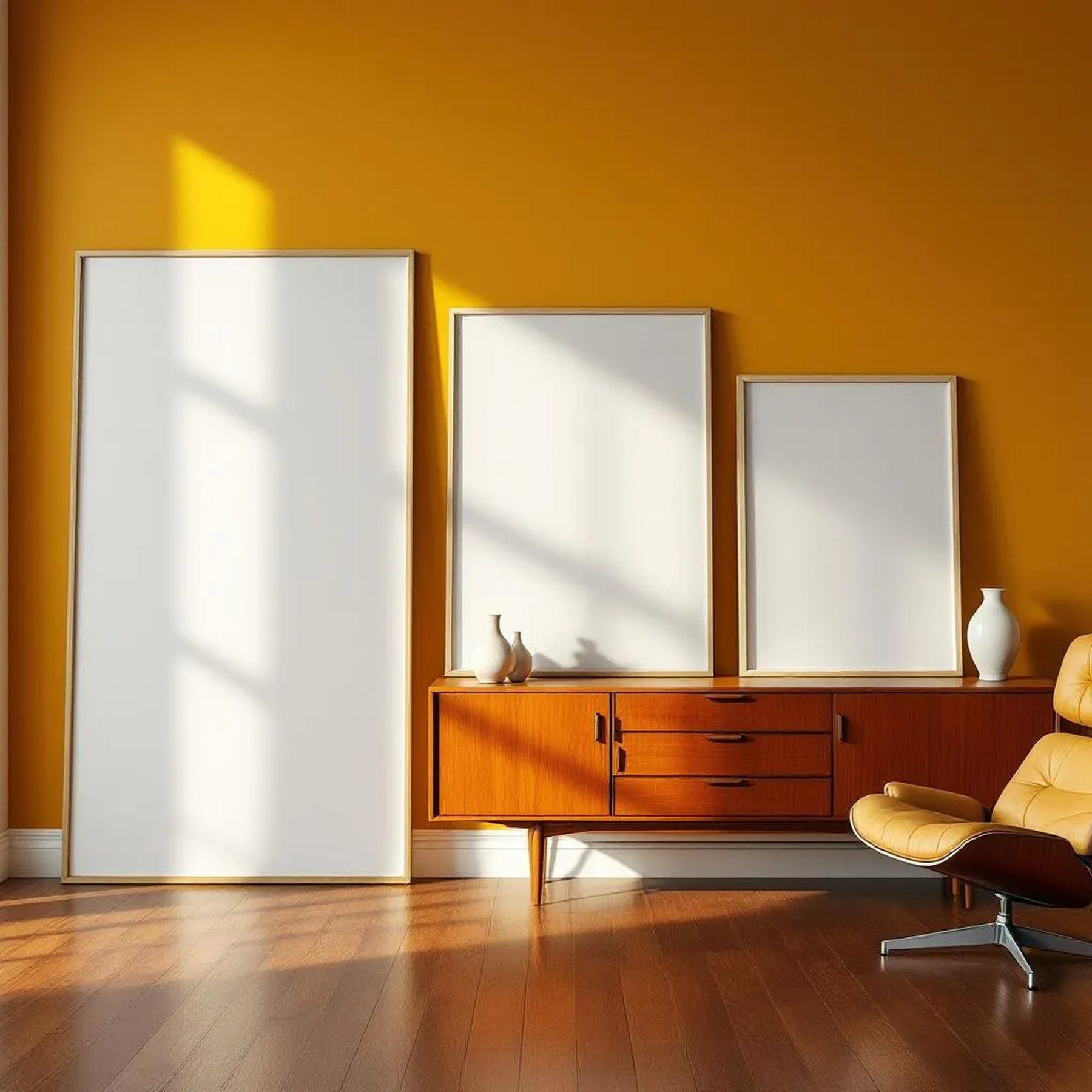 Mid-Century Modern Room Scene Mockup — Plain Square Frame Square 1:1 — Perspective View — #04435 | MockupBulk