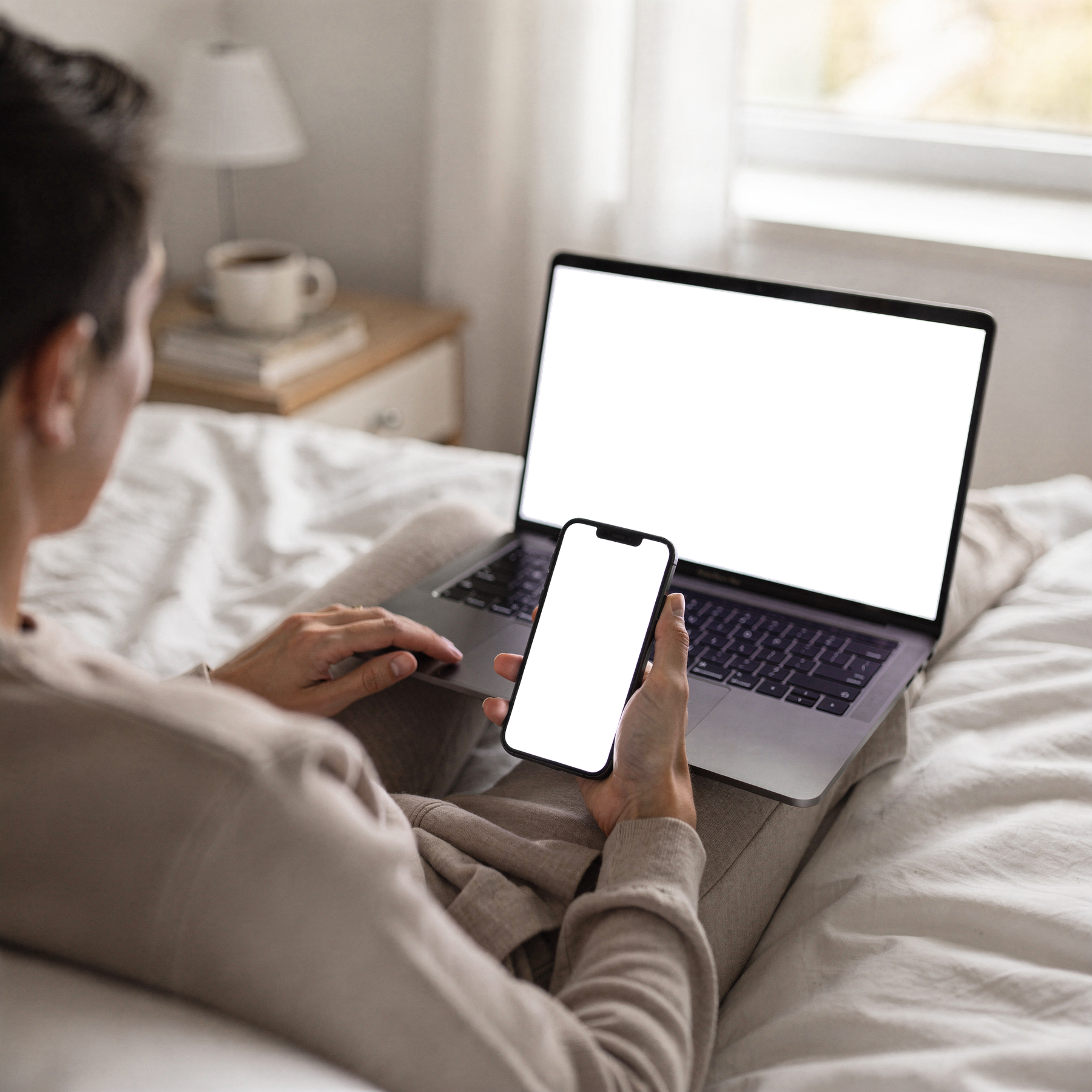 Multi-Device Mockup — No P Phone Laptop Bed Morning — High-Resolution Transparent PNG | bulkmockup | Commercial Use | MockupBulk
