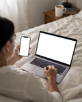 Multi-Device Mockup | No P Phone Laptop Bed Morning | High-Resolution Transparent PNG | bulkmockup | Commercial Use | MockupBulk