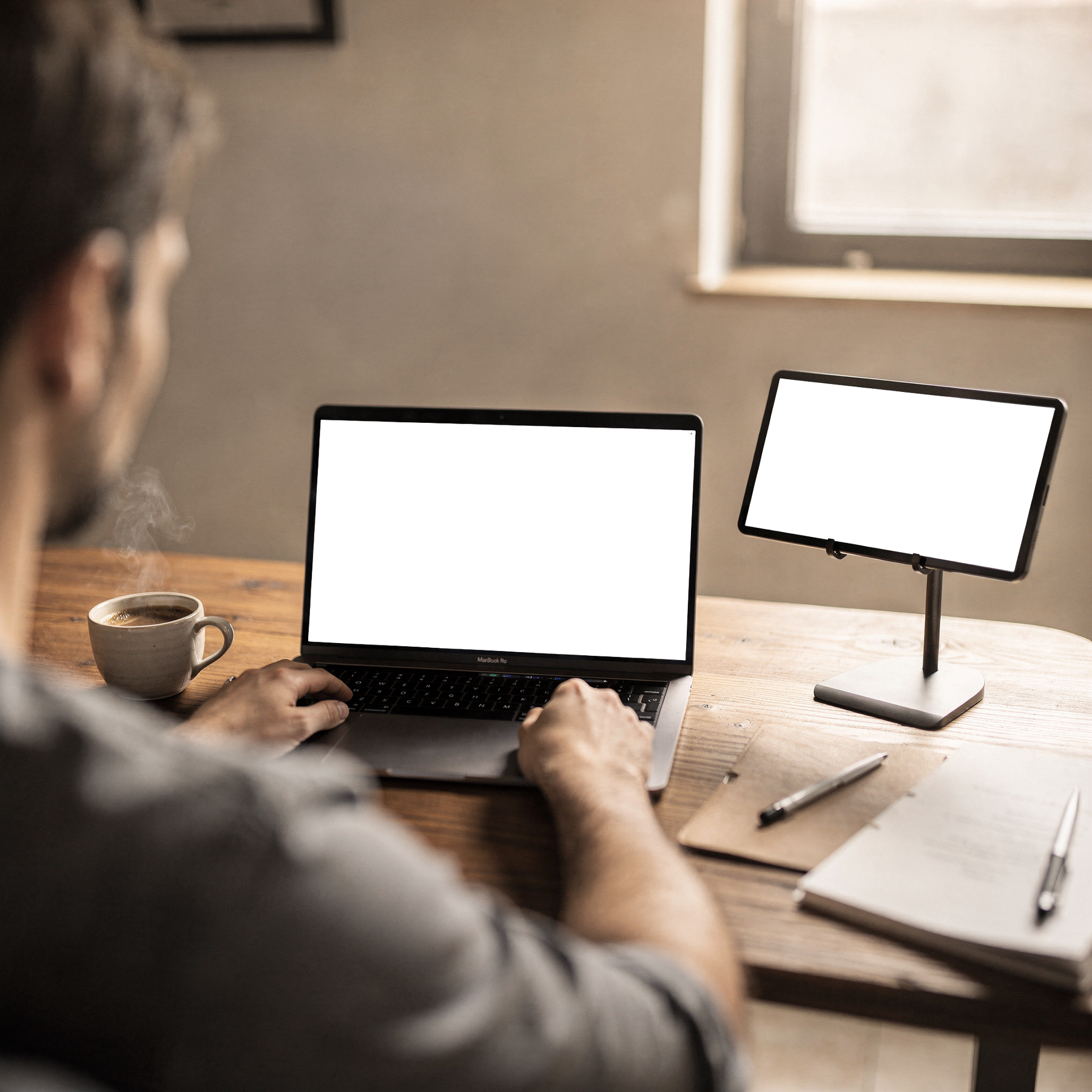 Multi-Device Mockup — No P Tablet Laptop Desk Wood — bulkmockup Transparent Mockup | PNG Download | Commercial Use | MockupBulk