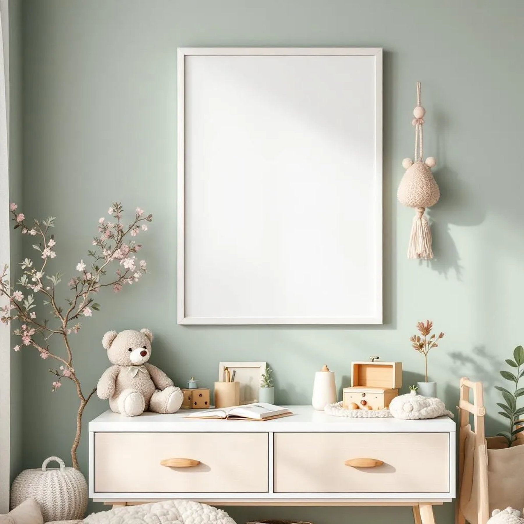 Nursery Room Scene Mockup — Plain Square Frame Portrait 4:5 — Perspective View — #05313 | MockupBulk