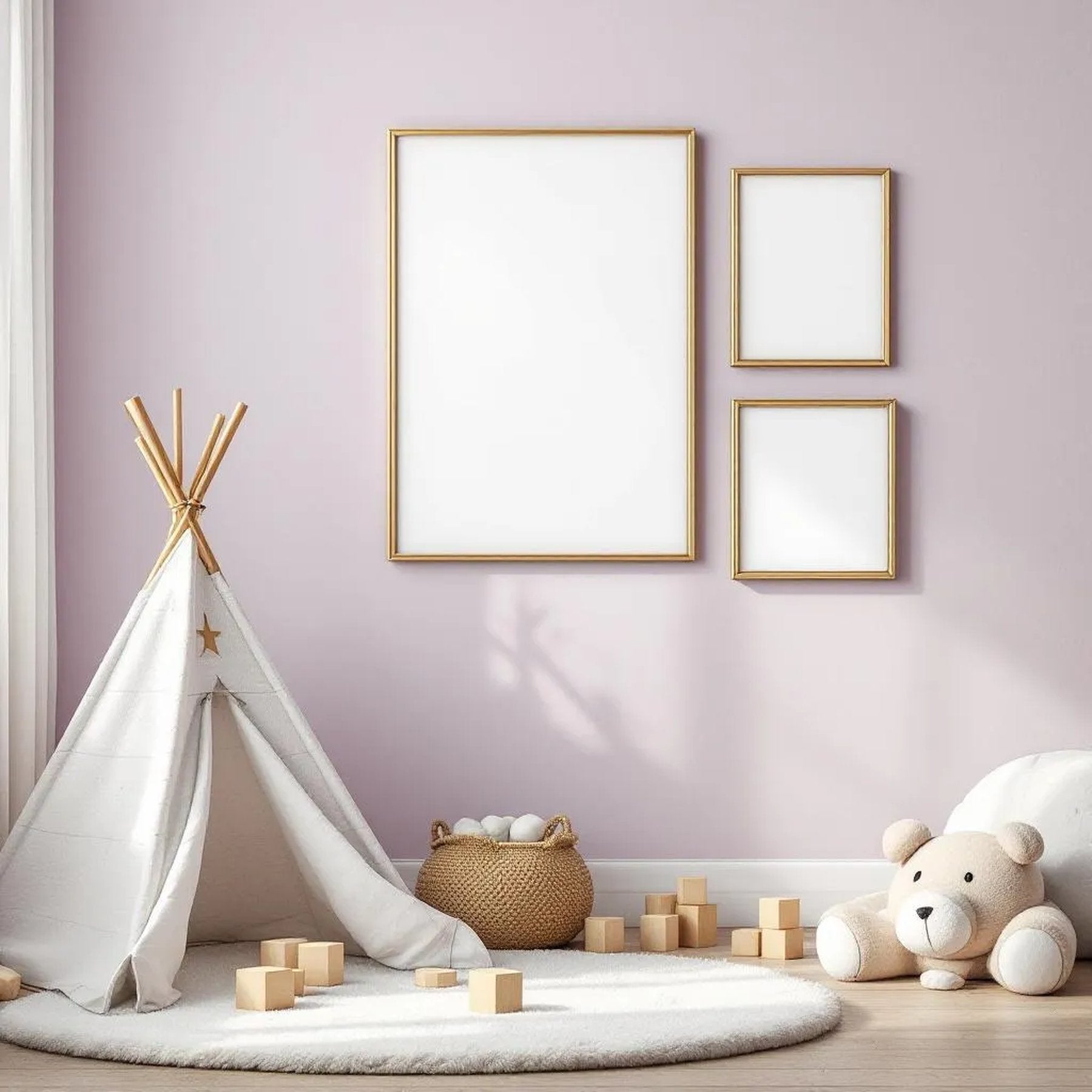 Nursery Room Scene Mockup — Plain Square Frame Portrait 2:3 — Perspective View — #05371 | MockupBulk