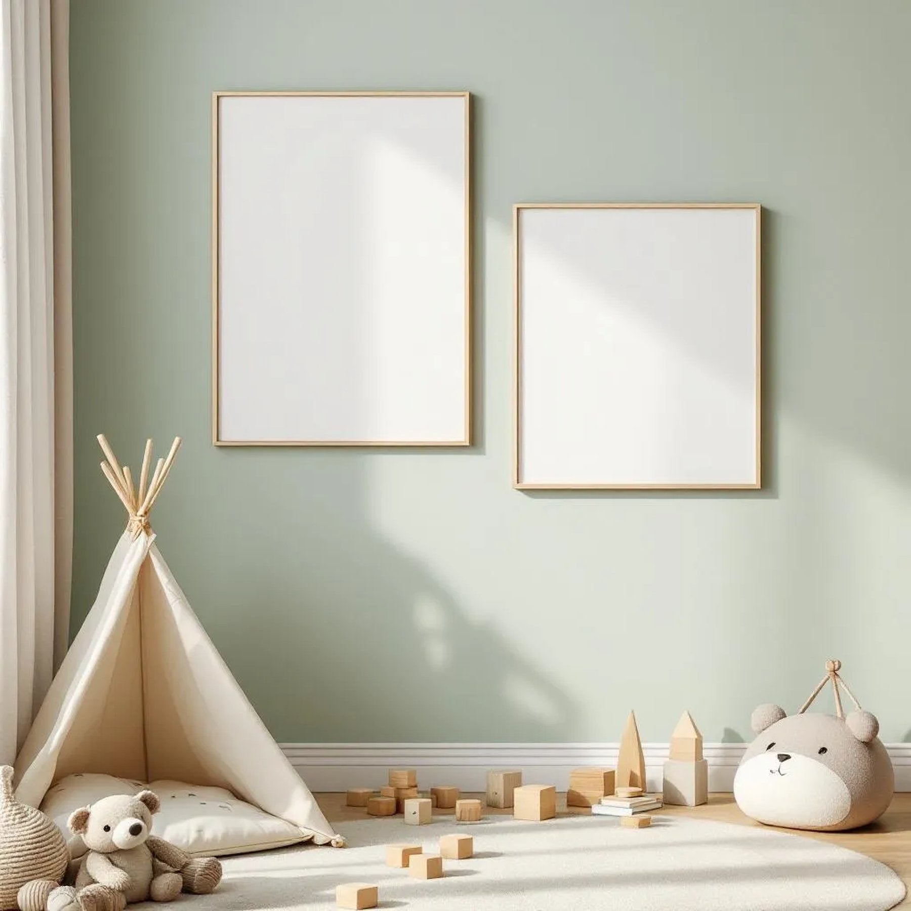Nursery Room Scene Mockup — Plain Square Frame Portrait 2:3 — Perspective View — #05386 | MockupBulk