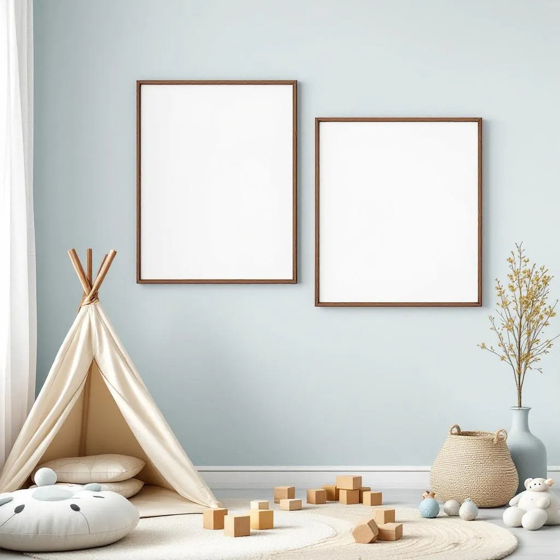 Nursery Room Scene Mockup — Plain Square Frame Landscape 3:4 — Perspective View — #05393 | MockupBulk