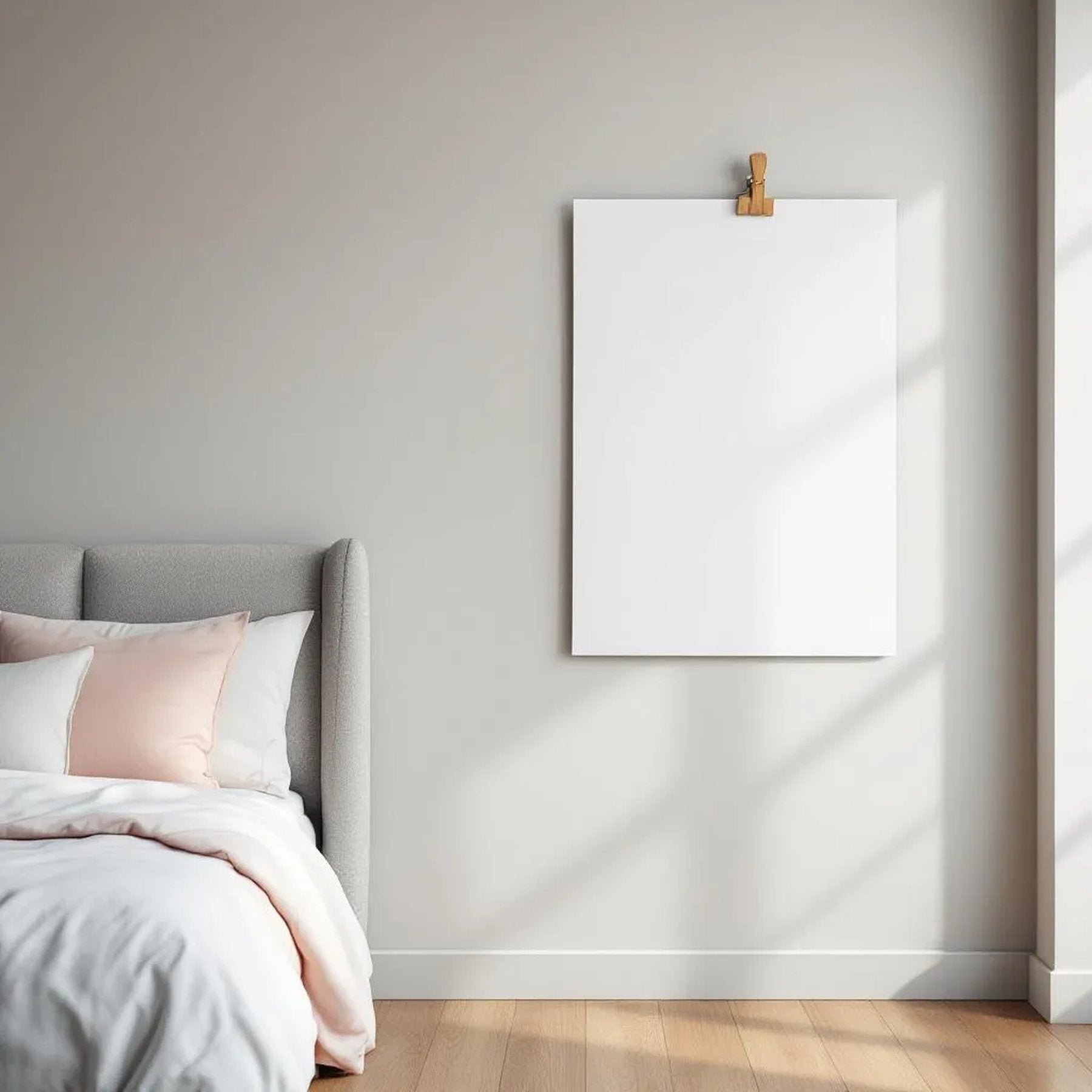 White Bedroom High-Res Frame Mockup — Plain Square Frame Portrait 2:3 — Perspective View — #03285 | MockupBulk