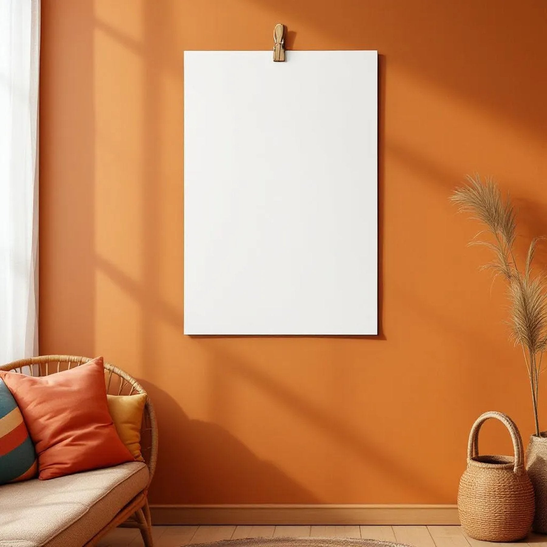 Boho Living Room Frame Display Mockup — Plain Square Frame Portrait 2:3 — Perspective View — #03304 | MockupBulk