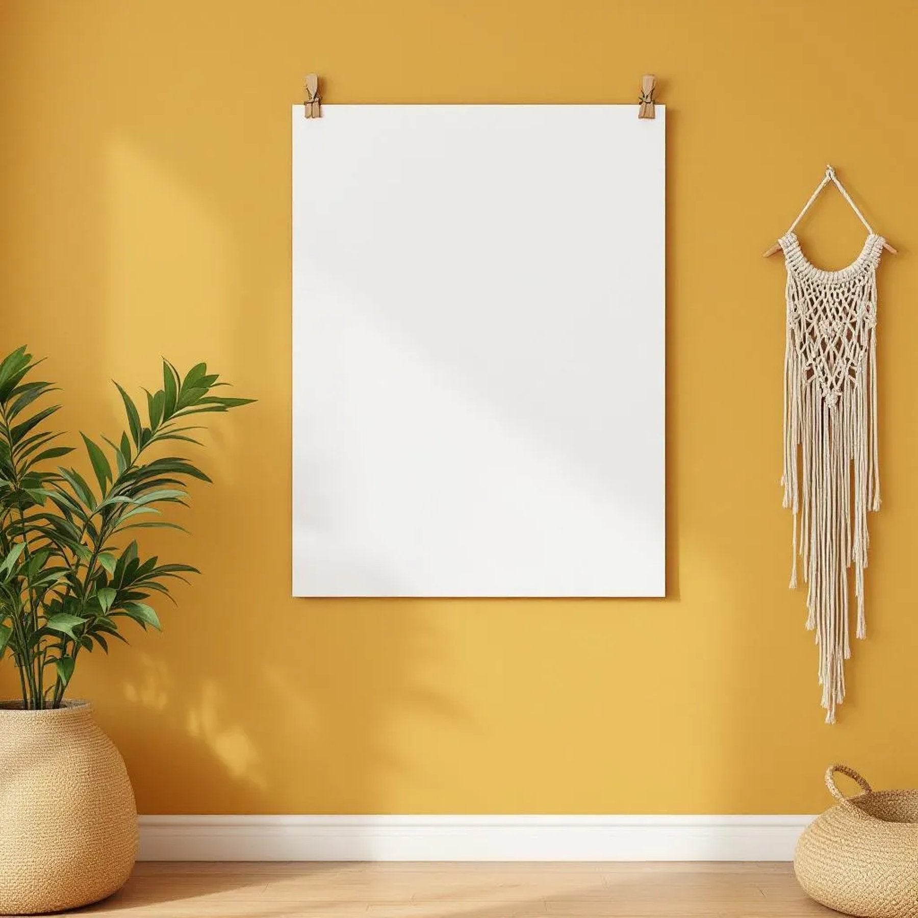 Boho Living Room Wall Art Mockup — Plain Square Frame Portrait 2:3 — Perspective View — #03305 | MockupBulk