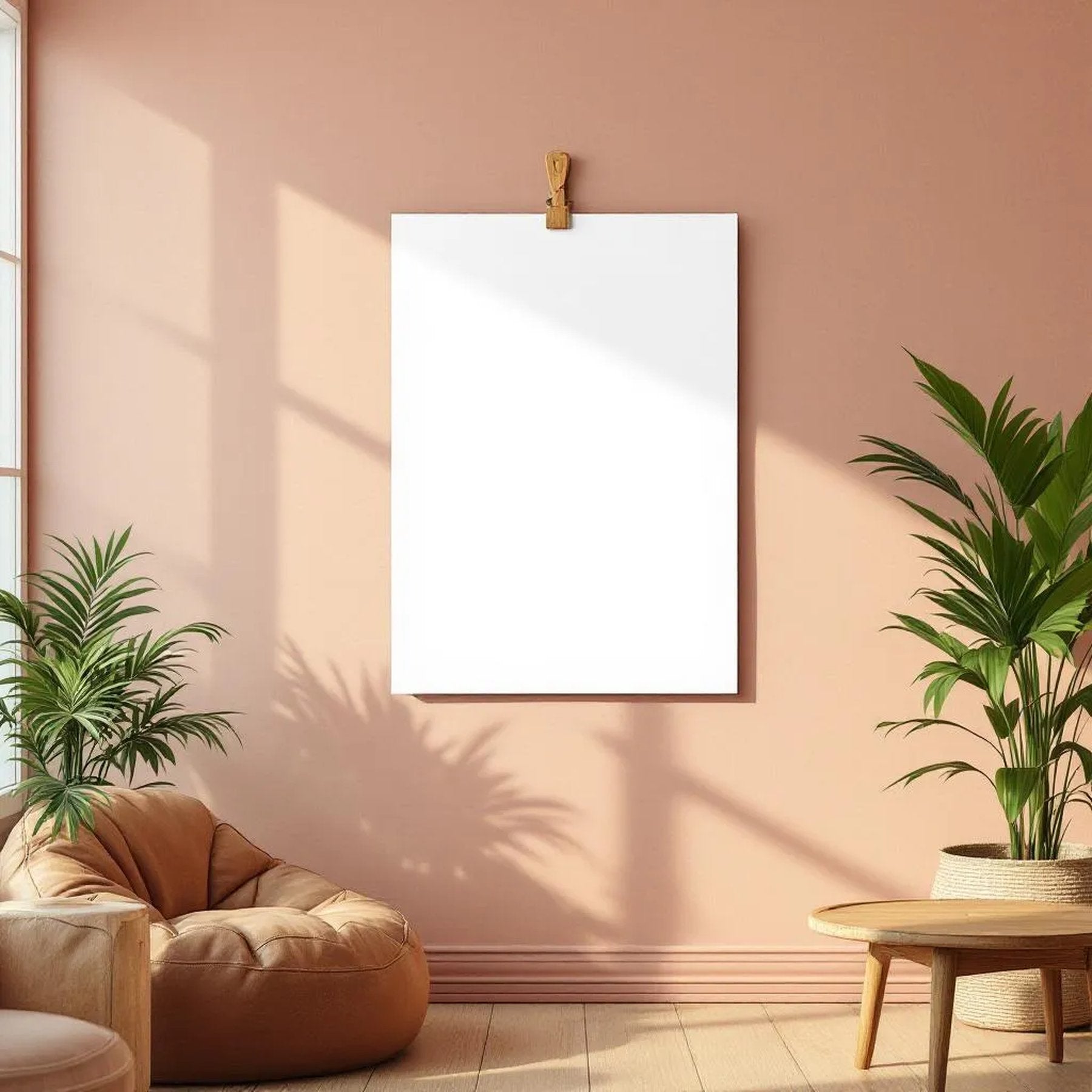 Boho Living Room Wall Art Mockup — Plain Square Frame Portrait 5:7 — Perspective View — #03306 | MockupBulk