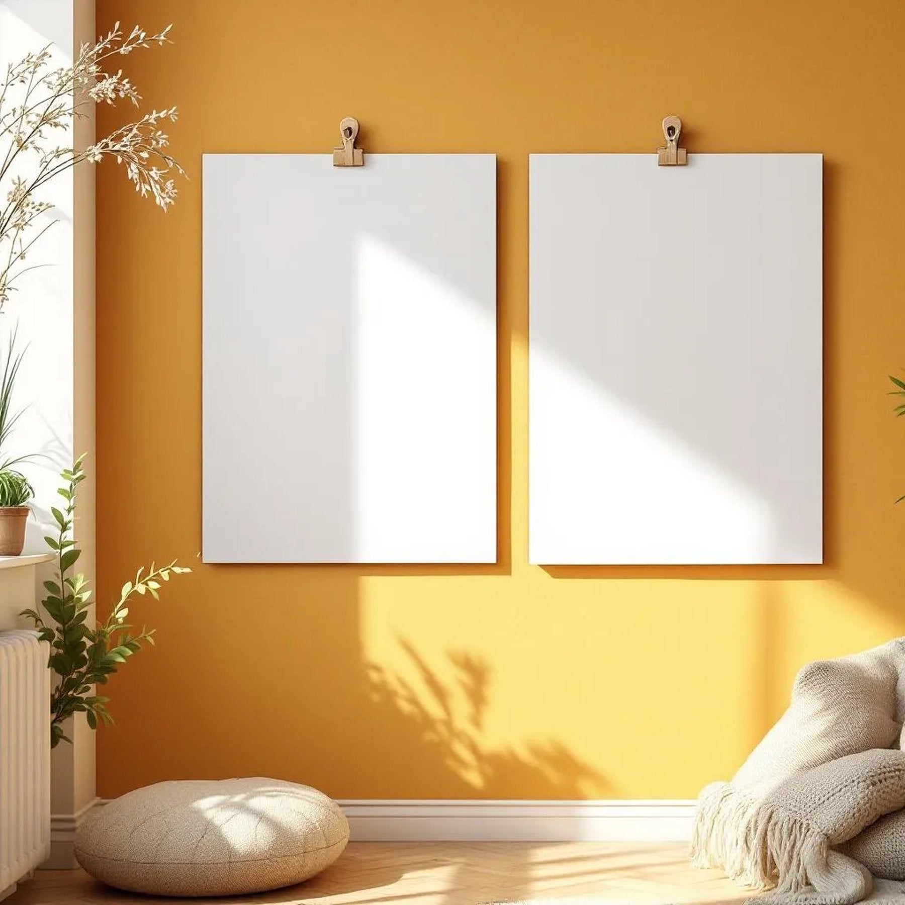 Boho Living Room Room Scene Mockup — Plain Square Frame Portrait 2:3 — Perspective View — #03308 | MockupBulk