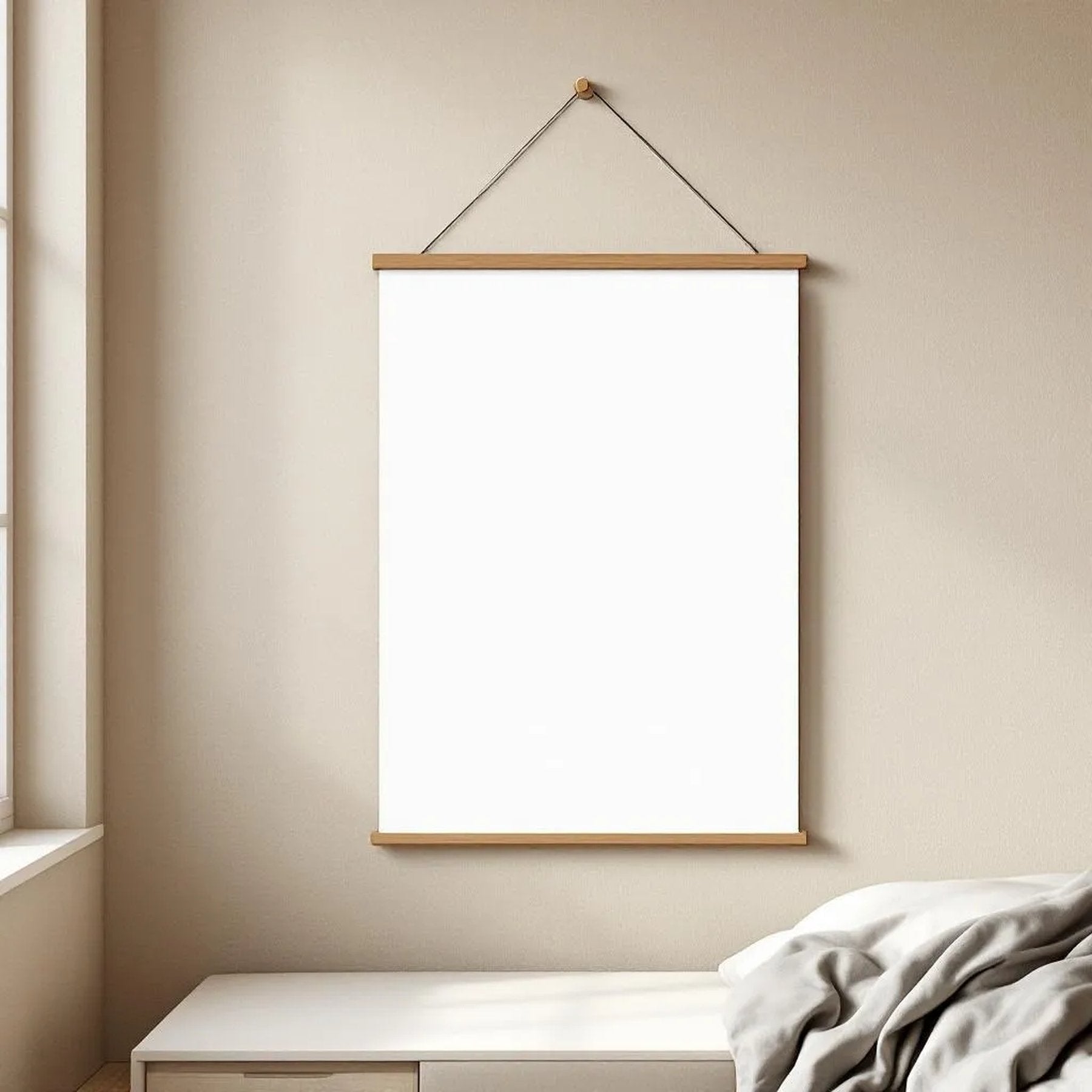 White Bedroom Editorial Room Mockup — Plain Square Frame Portrait 2:3 — Perspective View — #03296 | MockupBulk