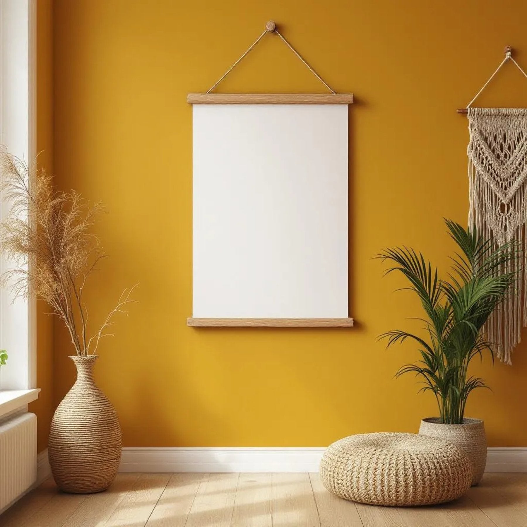Boho Living Room Premium Interior Mockup — Plain Square Frame Portrait 2:3 — Perspective View — #03314 | MockupBulk