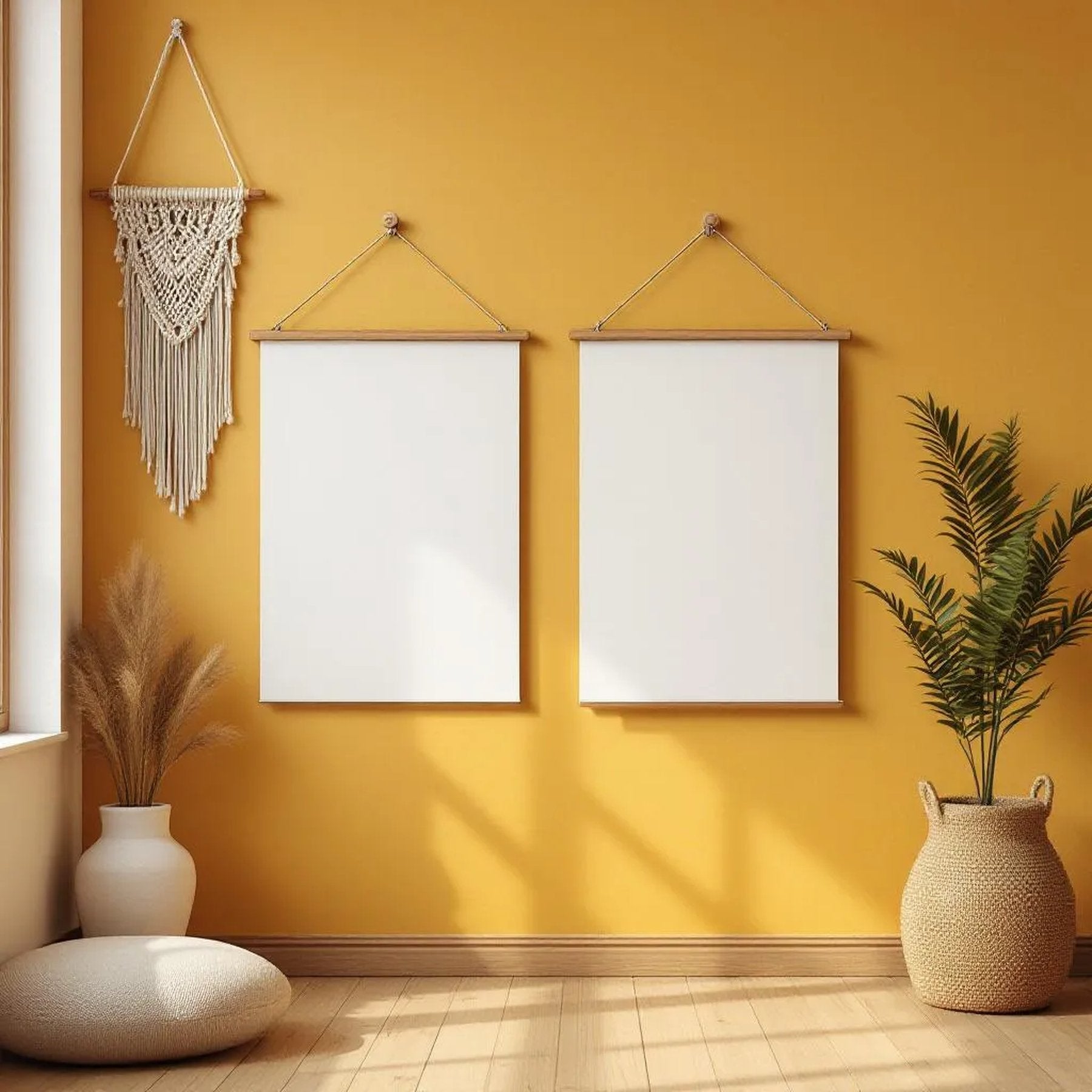 Boho Living Room Lifestyle Frame Mockup — Plain Square Frame Portrait 5:7 — Perspective View — #03317 | MockupBulk
