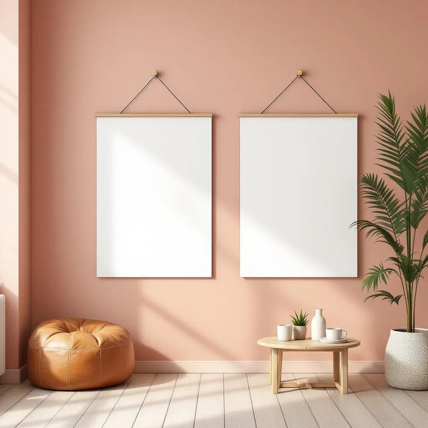 Boho Living Room Editorial Room Mockup — Plain Square Frame Portrait 2:3 — Perspective View — #03318 | MockupBulk