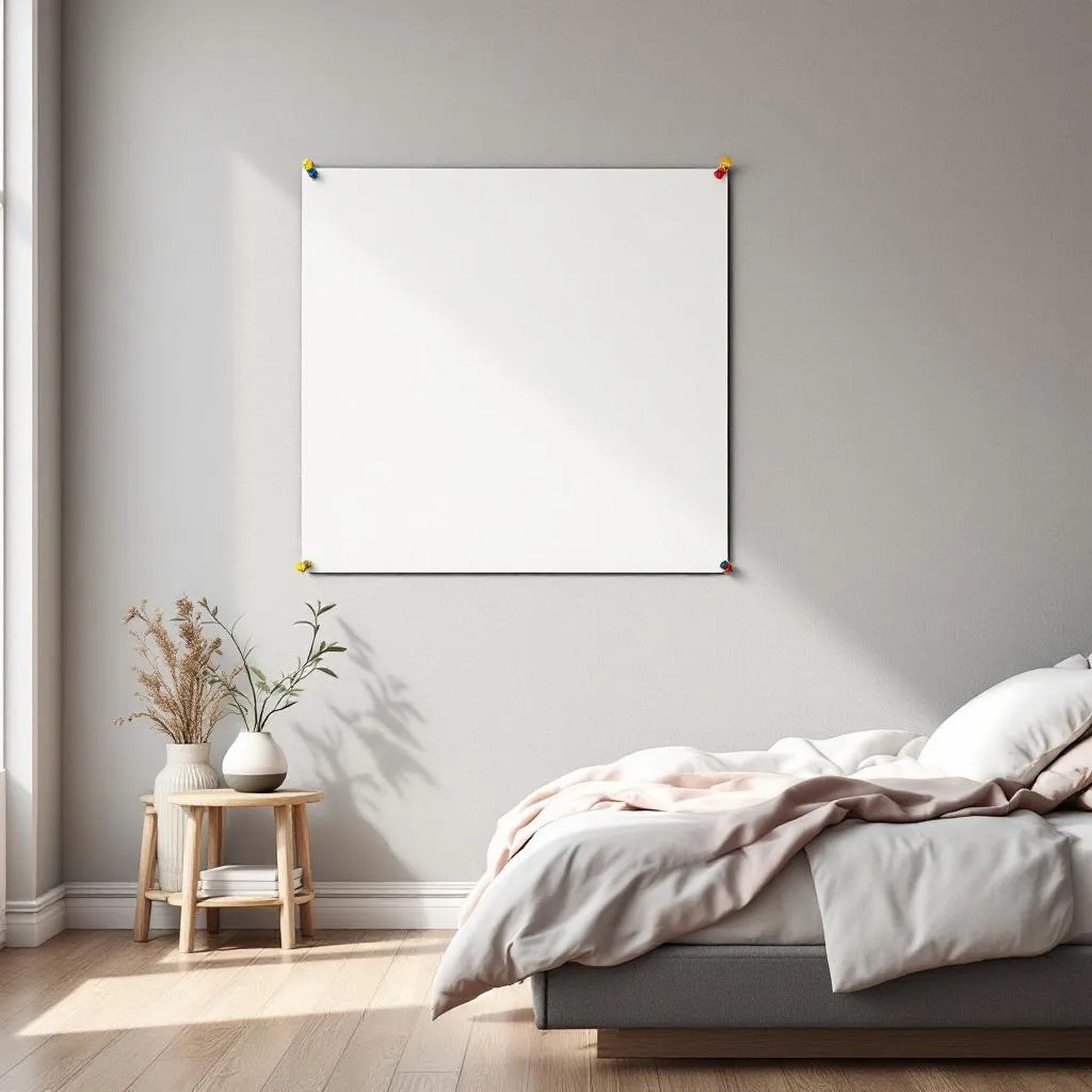 White Bedroom Interior Frame Mockup — Plain Square Frame Portrait 2:3 — Perspective View — #03291 | MockupBulk