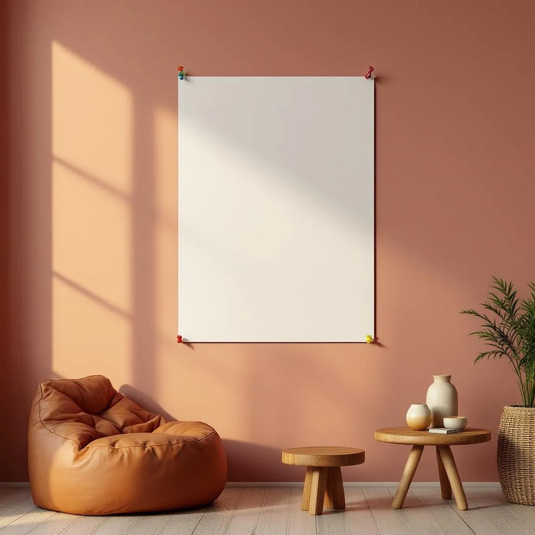 Boho Living Room Styled Room Mockup — Plain Square Frame Square 1:1 — Perspective View — #03309 | MockupBulk