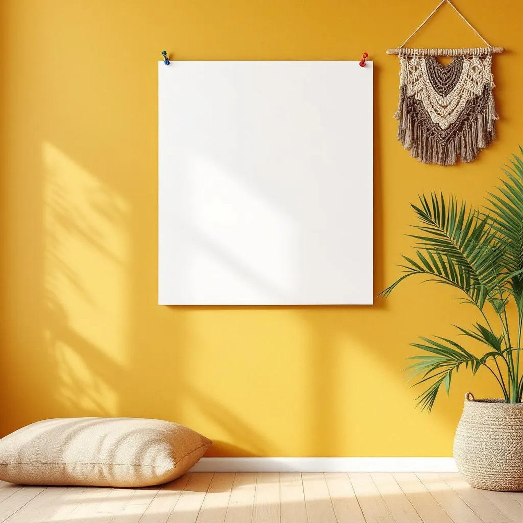 Boho Living Room Styled Room Mockup — Plain Square Frame Portrait 2:3 — Perspective View — #03311 | MockupBulk