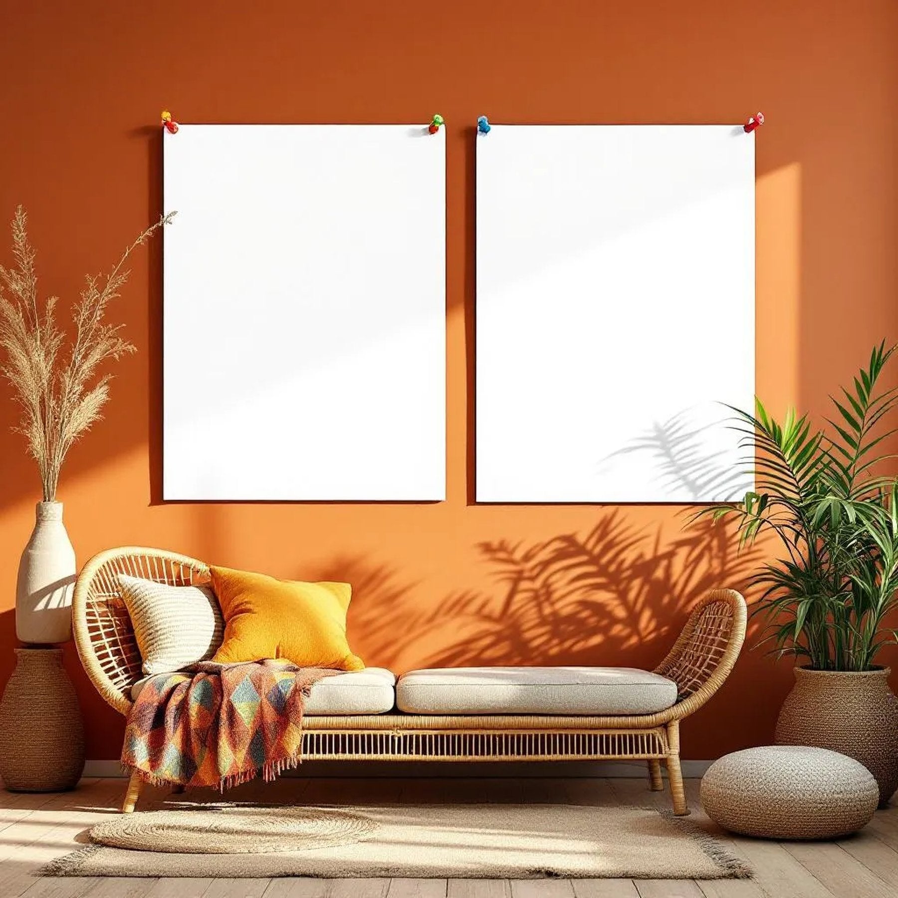 Boho Living Room Styled Room Mockup — Plain Square Frame Portrait 2:3 — Perspective View — #03313 | MockupBulk