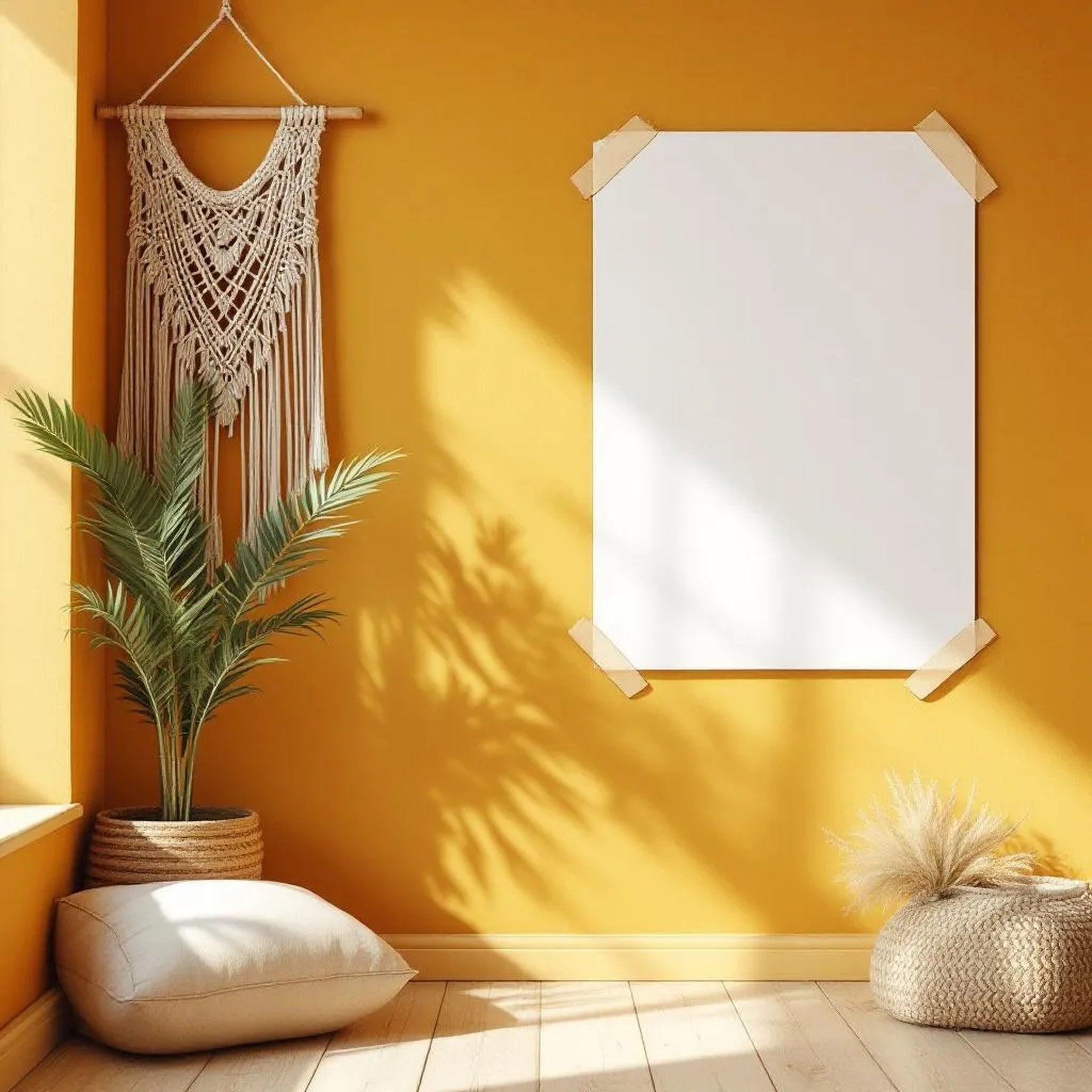 Boho Living Room Editorial Room Mockup — Plain Square Frame Portrait 2:3 — Perspective View — #03299 | MockupBulk
