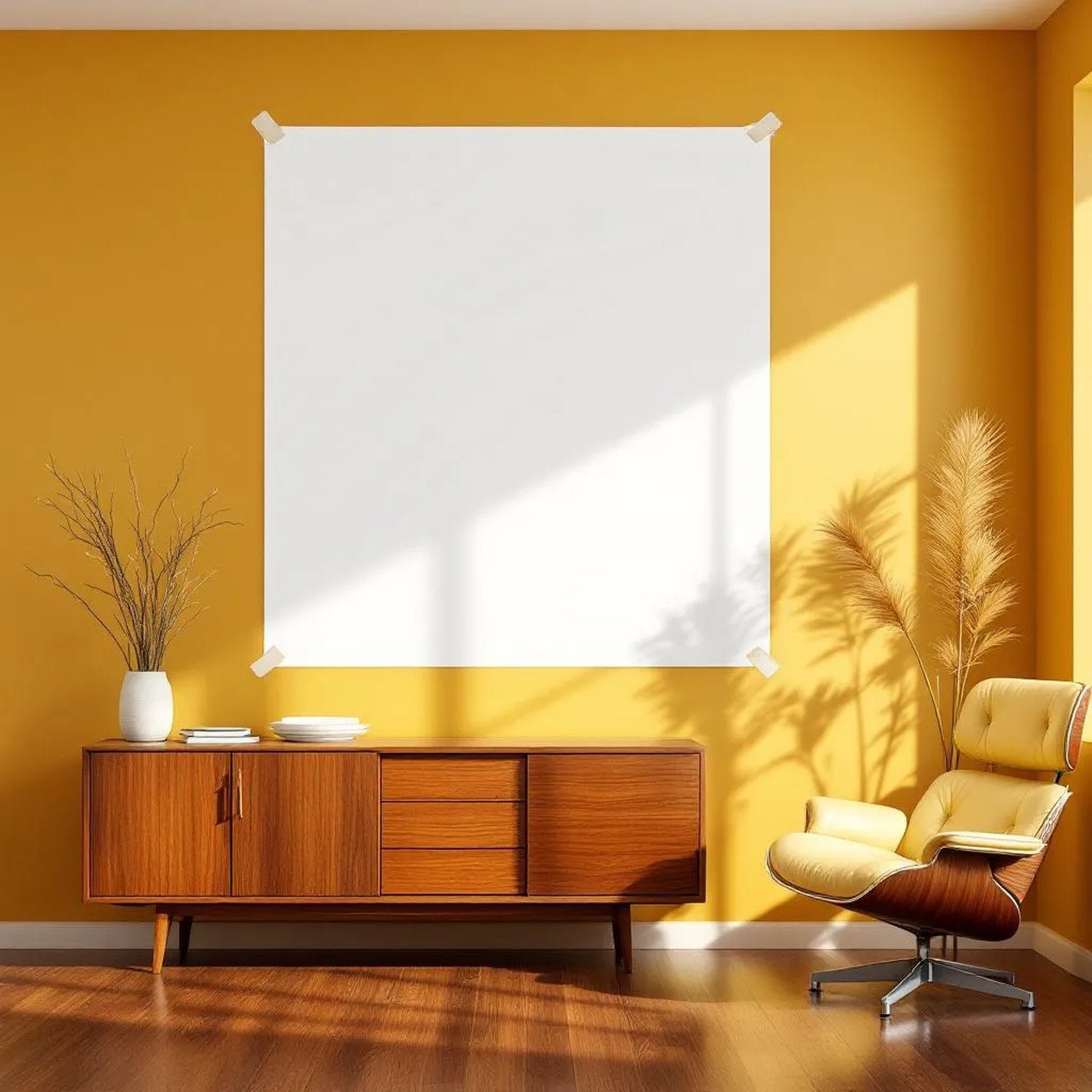 Mid-Century Modern Editorial Room Mockup — Plain Square Frame Square 1:1 — Perspective View — #03379 | MockupBulk
