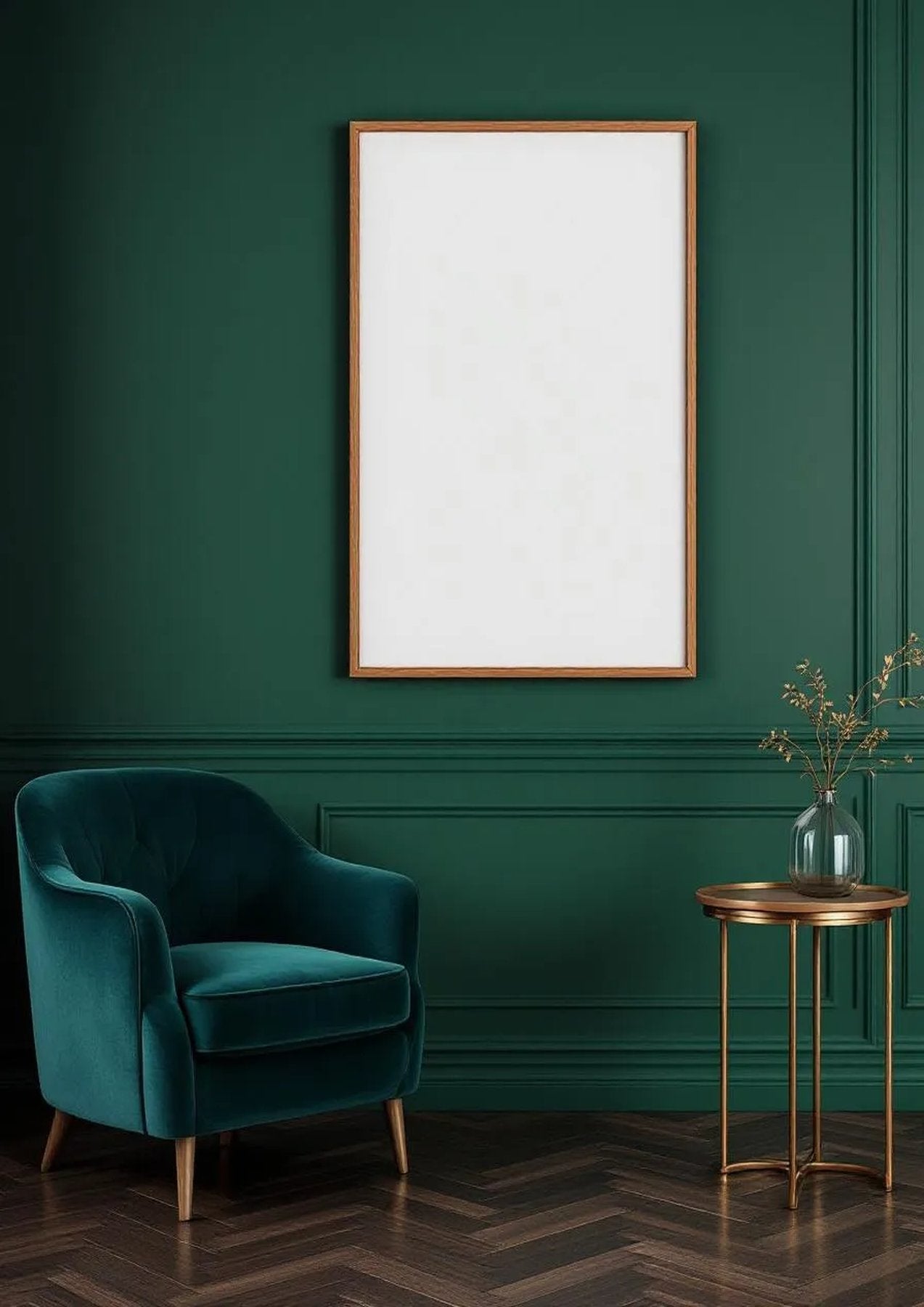 Art Deco Editorial Room Mockup — Natural Oak Frame Portrait 2:3 — Perspective View — #04425 | MockupBulk