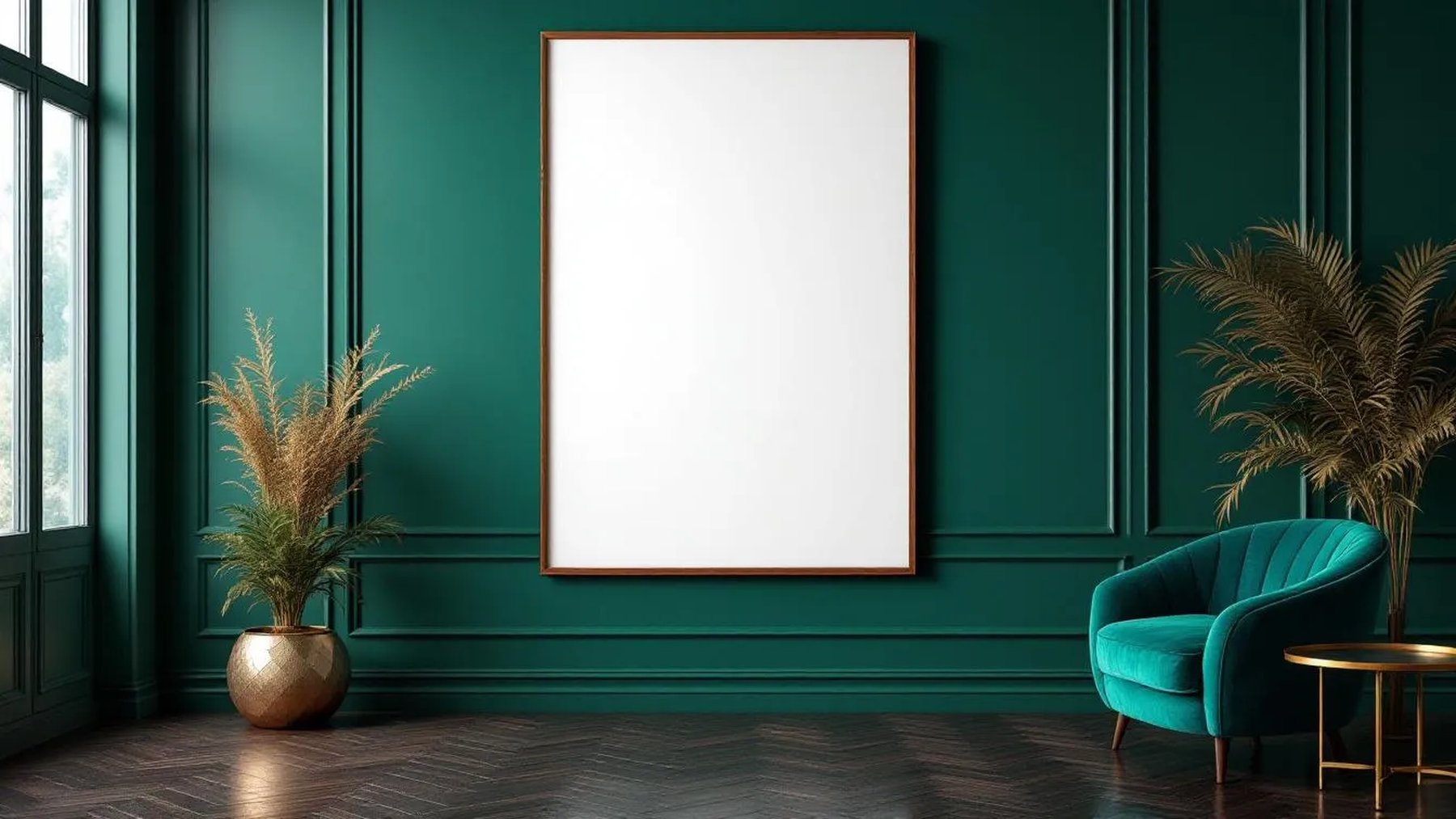 Art Deco Frame Display Mockup — Walnut Frame Portrait 2:3 — Perspective View — #04442 | MockupBulk