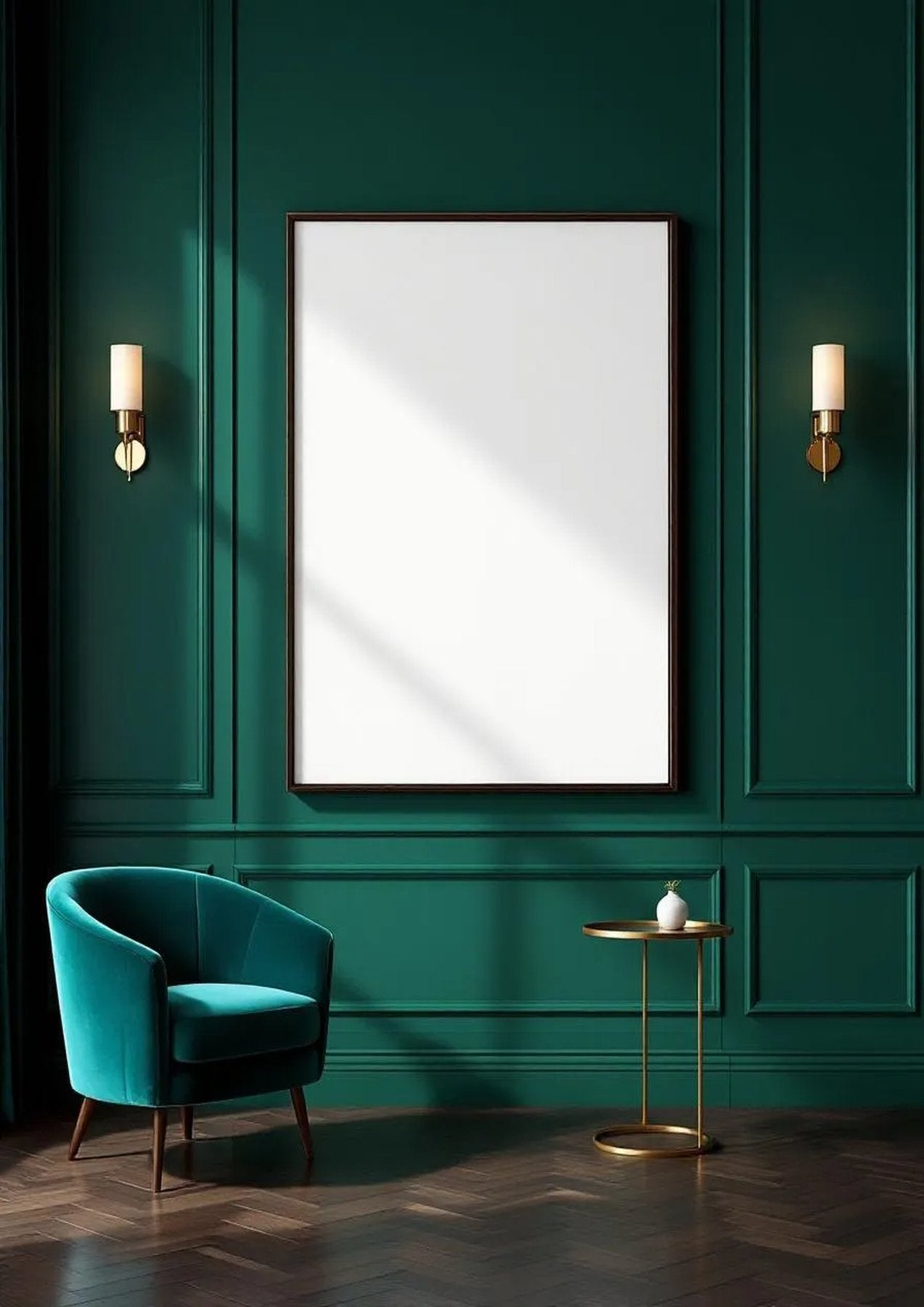 Art Deco Editorial Room Mockup — Walnut Frame Portrait 2:3 — Perspective View — #04452 | MockupBulk