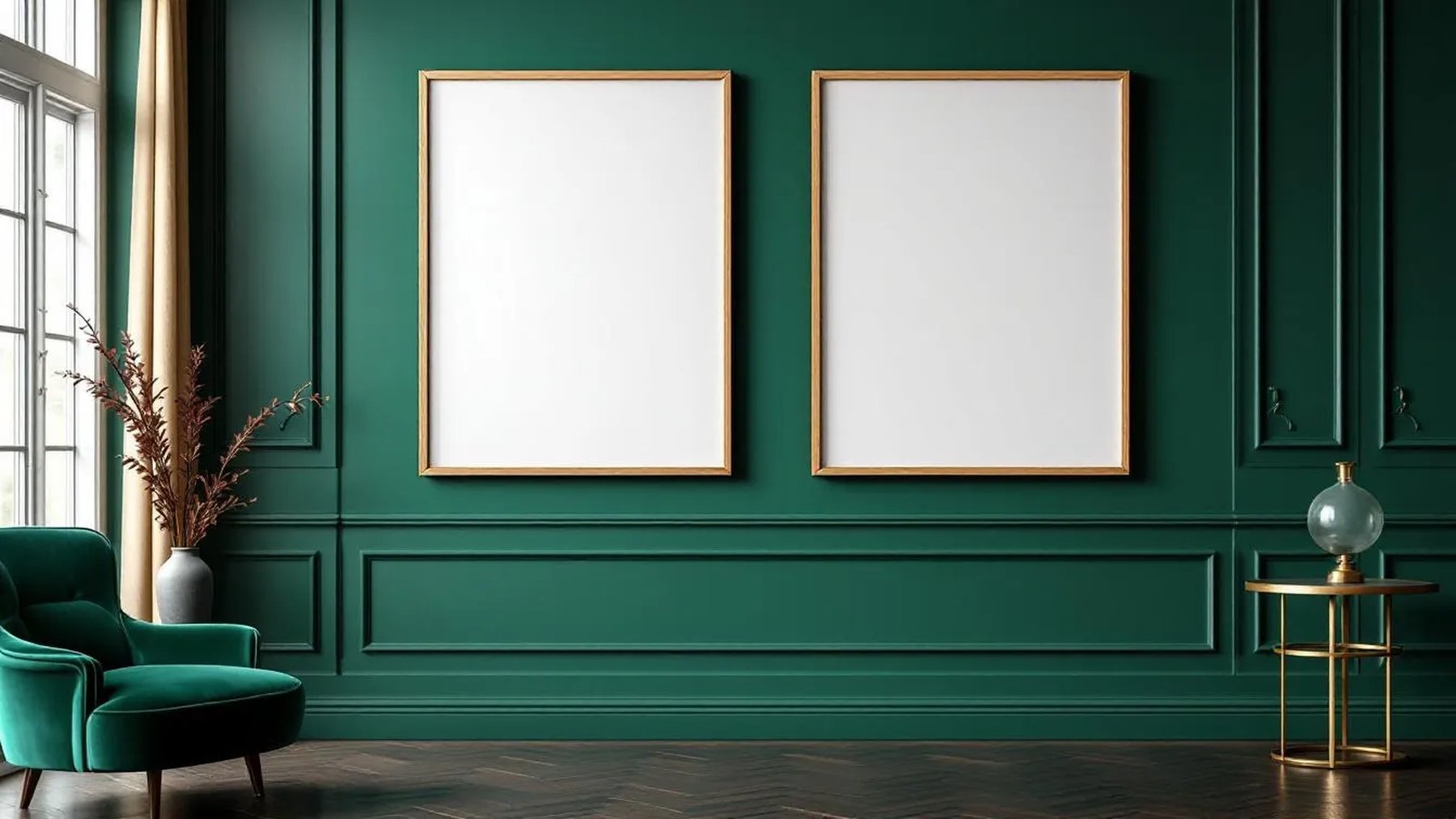 Art Deco Interior Frame Mockup — Natural Oak Frame Landscape 3:4 — Perspective View — #04583 | MockupBulk