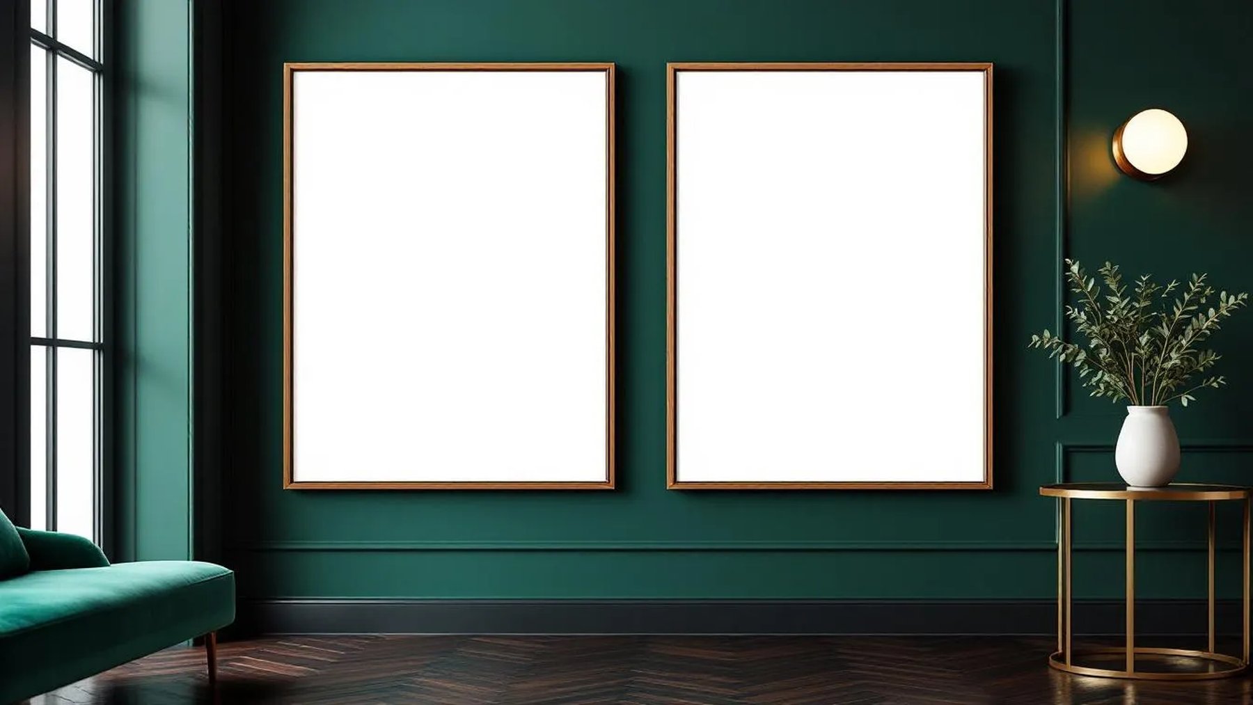 Art Deco Interior Frame Mockup — Walnut Frame Landscape 3:4 — Perspective View — #04601 | MockupBulk