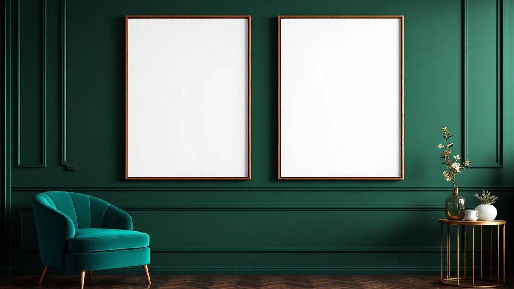 Art Deco High-Res Frame Mockup — Walnut Frame Landscape 3:4 — Perspective View — #04619 | MockupBulk
