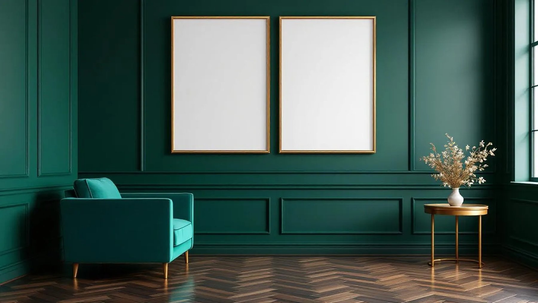 Art Deco Editorial Room Mockup — Gold Frame Portrait 2:3 — Perspective View — #04634 | MockupBulk