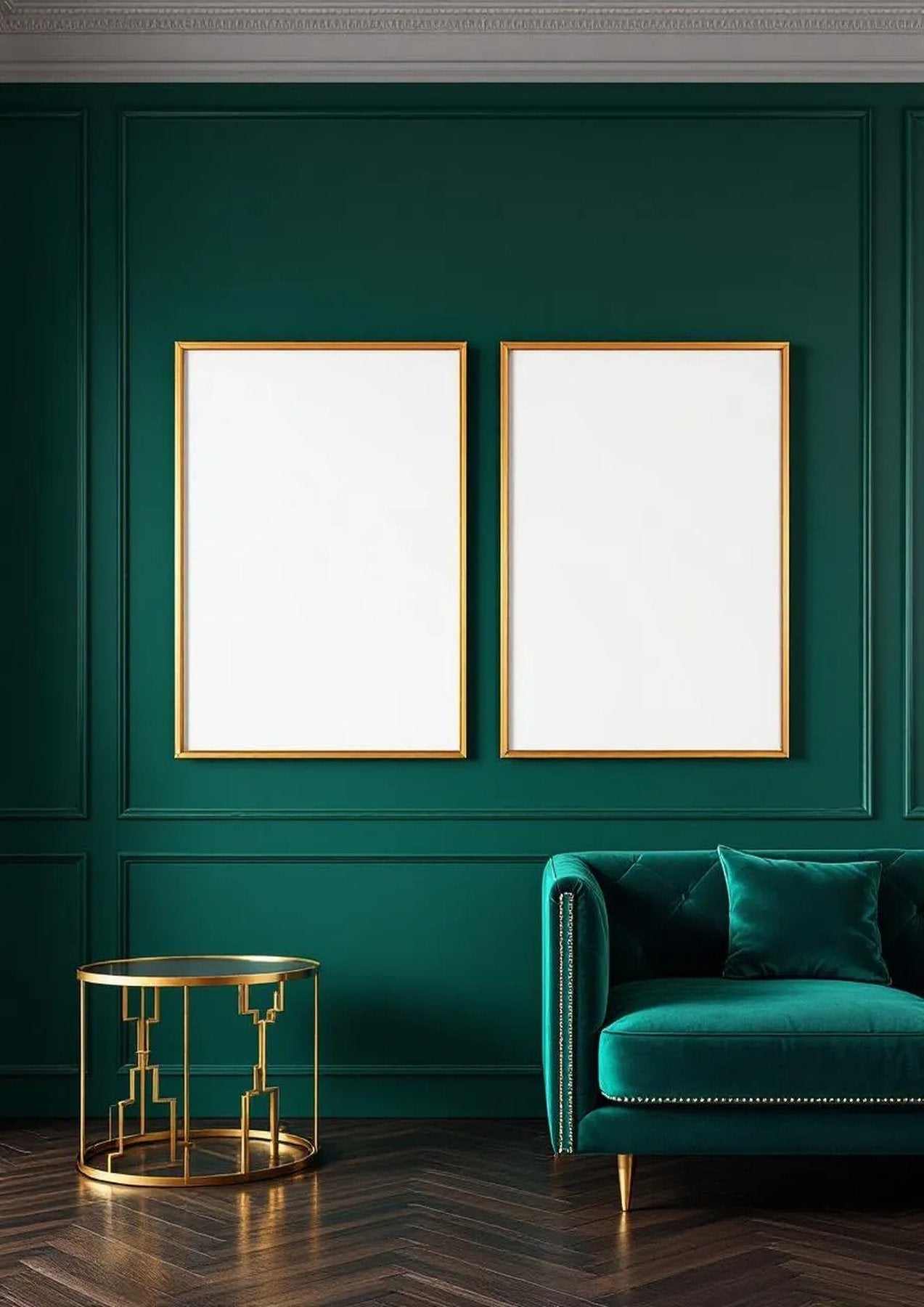 Art Deco Wall Art Mockup — Gold Frame Portrait 2:3 — Perspective View — #04635 | MockupBulk